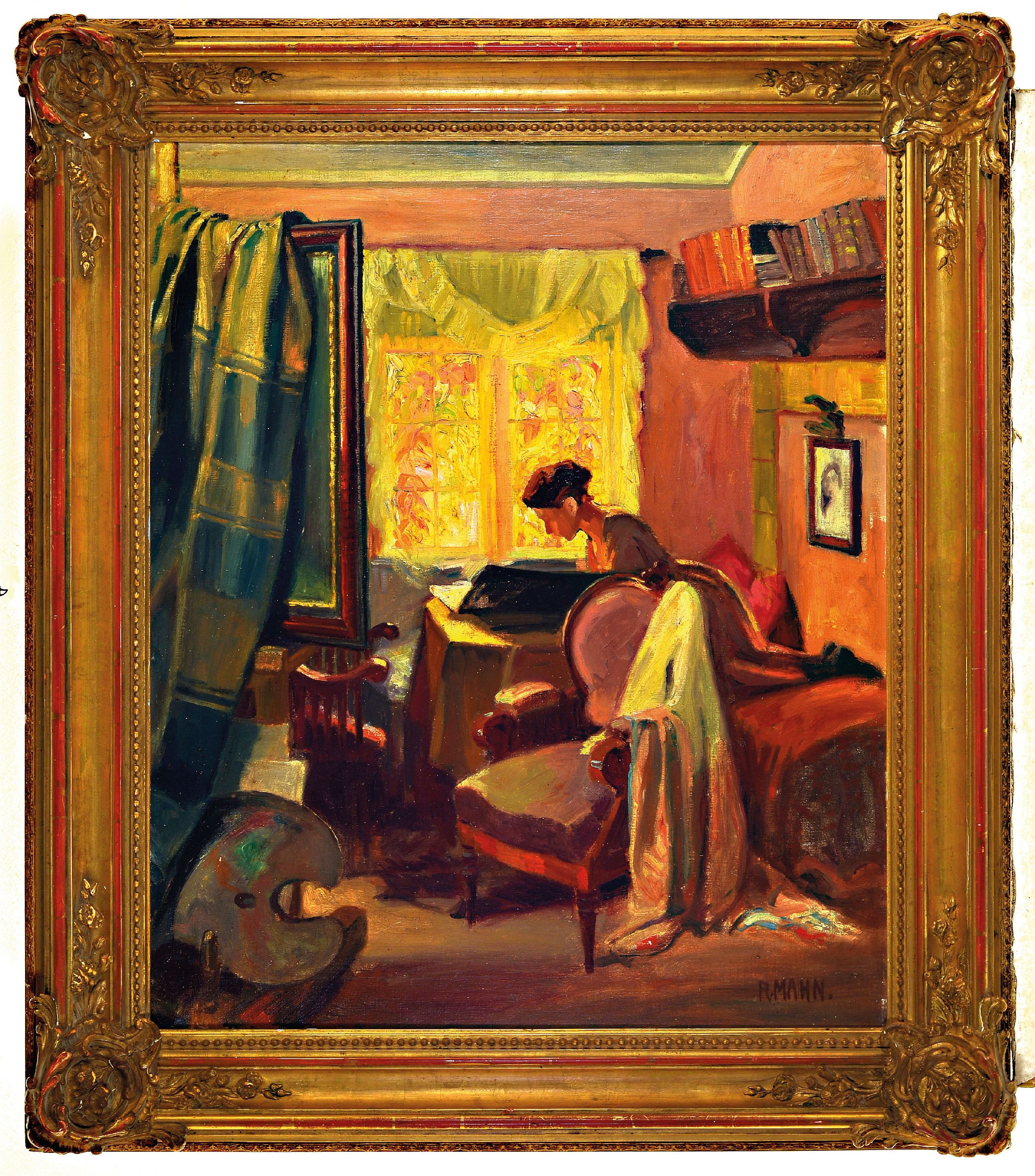 Detail k: Richard Mahn, 1866 Leipzig-1951 Hindelang, "Fenster mit Herbstlaub", rückseitig so betitelt, junge Frau in einem Atelier mit verhängtem ...