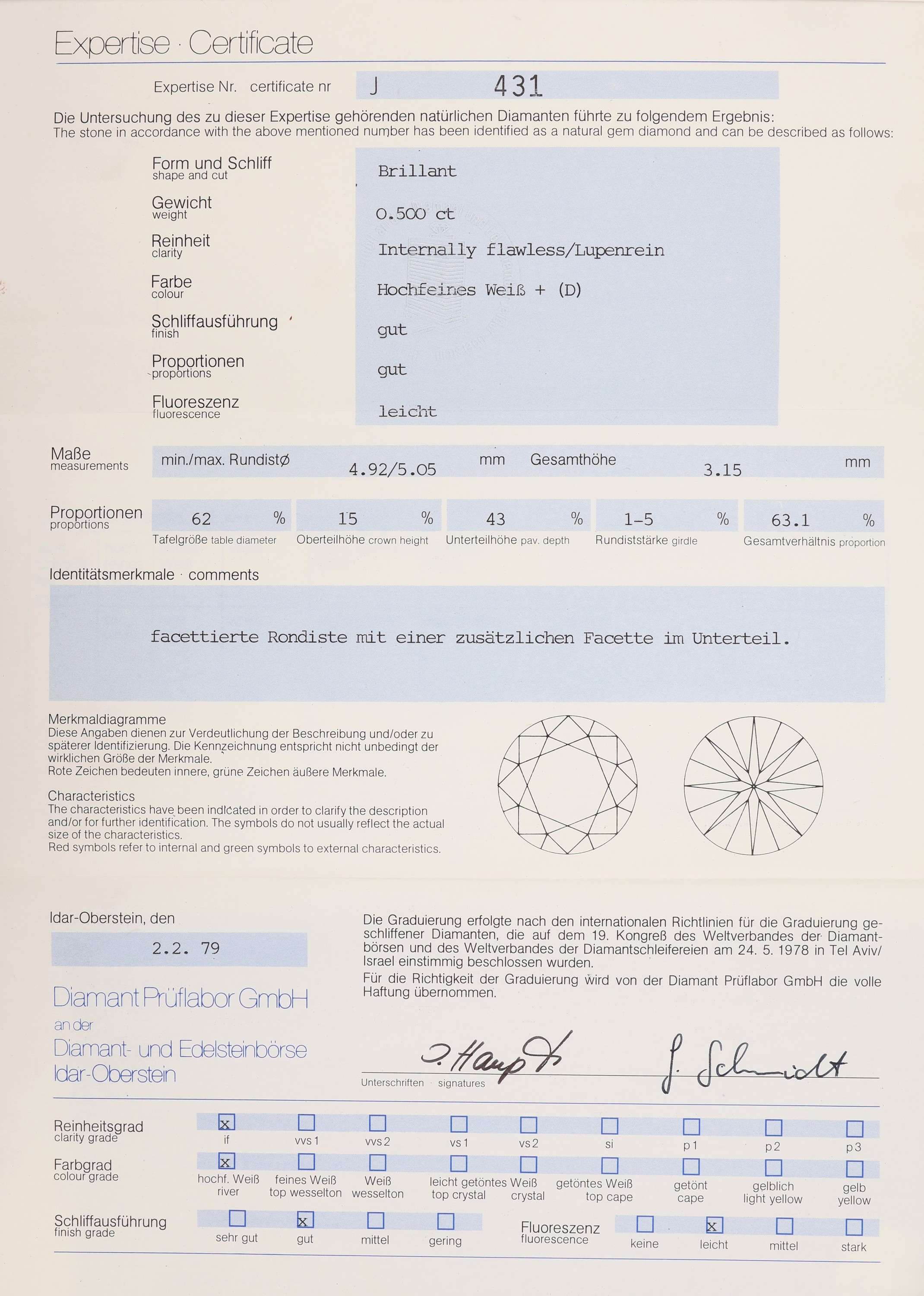 Detail b: Paar 18 kt Gold Brillant-Ohrstecker, GG 750/000, 1 Brillant 0.50 ct hochfeines Weiß(D)/lr, und 1 Brillant 0.53 feines Weiß(F)/lr, abnehmbare ...