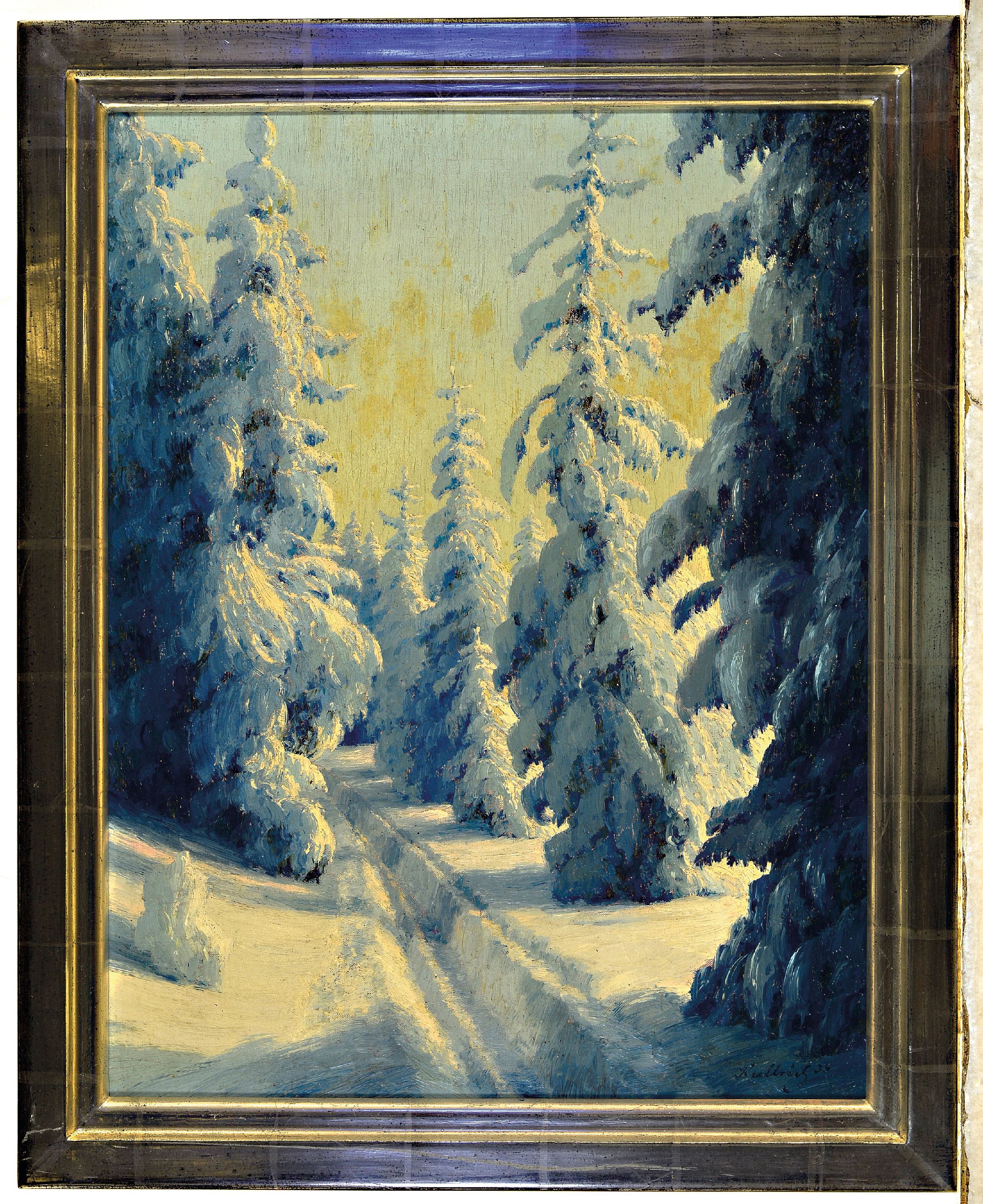 Detail k: Gustav Kullrich, 1888 Neustadt an der Weinstraße-1938 Karlsruhe, Verschneite Winterlandschaft, Öl/Lwd, rechts unten sign. und dat. 35, ca. 57x45cm, ...