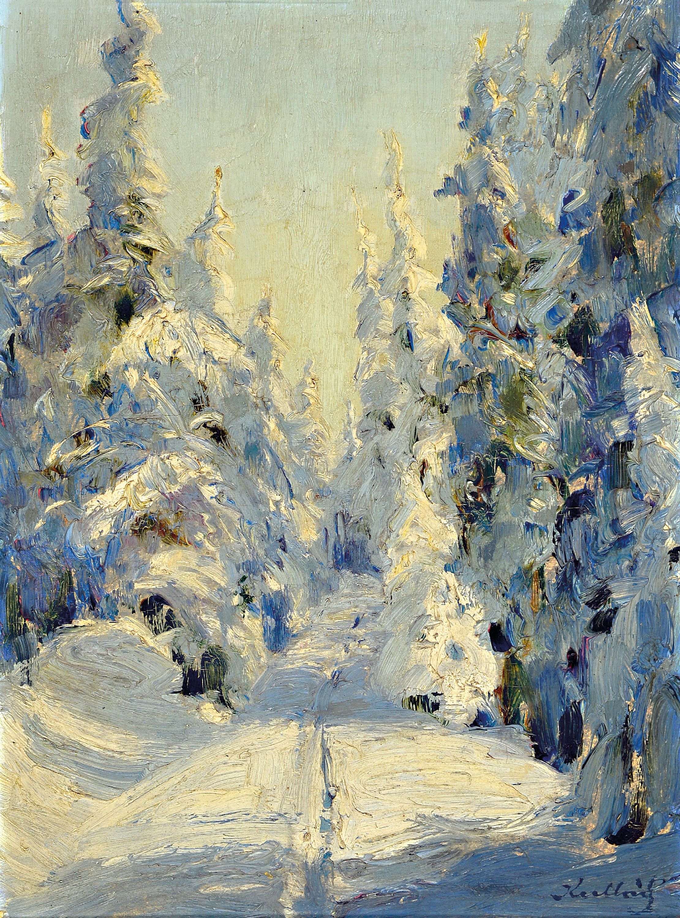 Detail a: Gustav Kullrich, 1888 Neustadt an der Weinstraße-1938 Karlsruhe, 3 kleine Gemälde mit verschneiten Waldlandschaften in Öl auf Lwd, alle sign., ca. ...