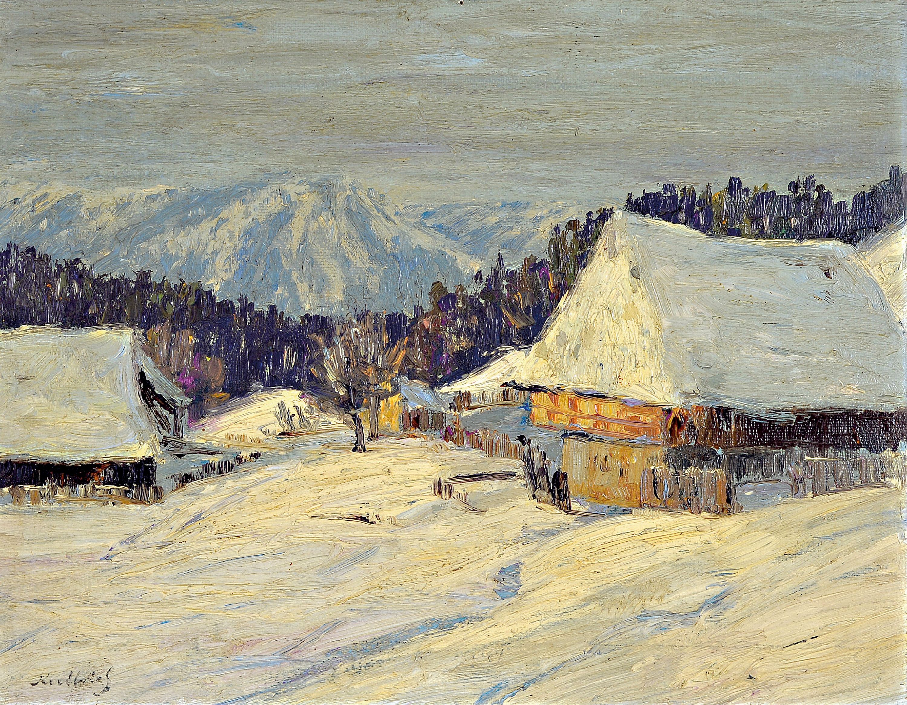 Detail c: Gustav Kullrich, 1888 Neustadt an der Weinstraße-1938 Karlsruhe, 3 kleine Gemälde mit verschneiten Waldlandschaften in Öl auf Lwd, alle sign., ca. ...