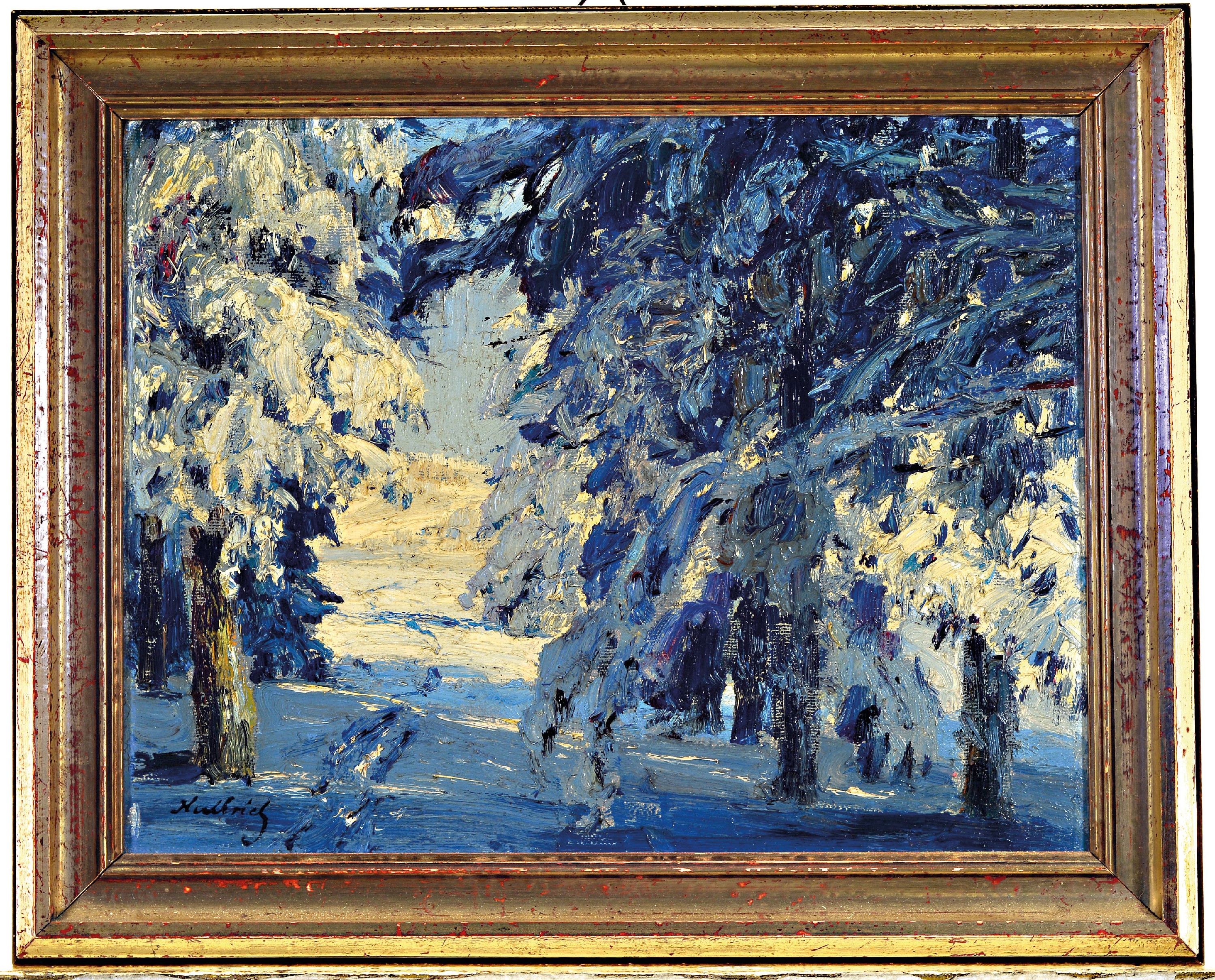 Detail k: Gustav Kullrich, 1888 Neustadt an der Weinstraße-1938 Karlsruhe, 3 kleine Gemälde mit verschneiten Waldlandschaften in Öl auf Lwd, alle sign., ca. ...