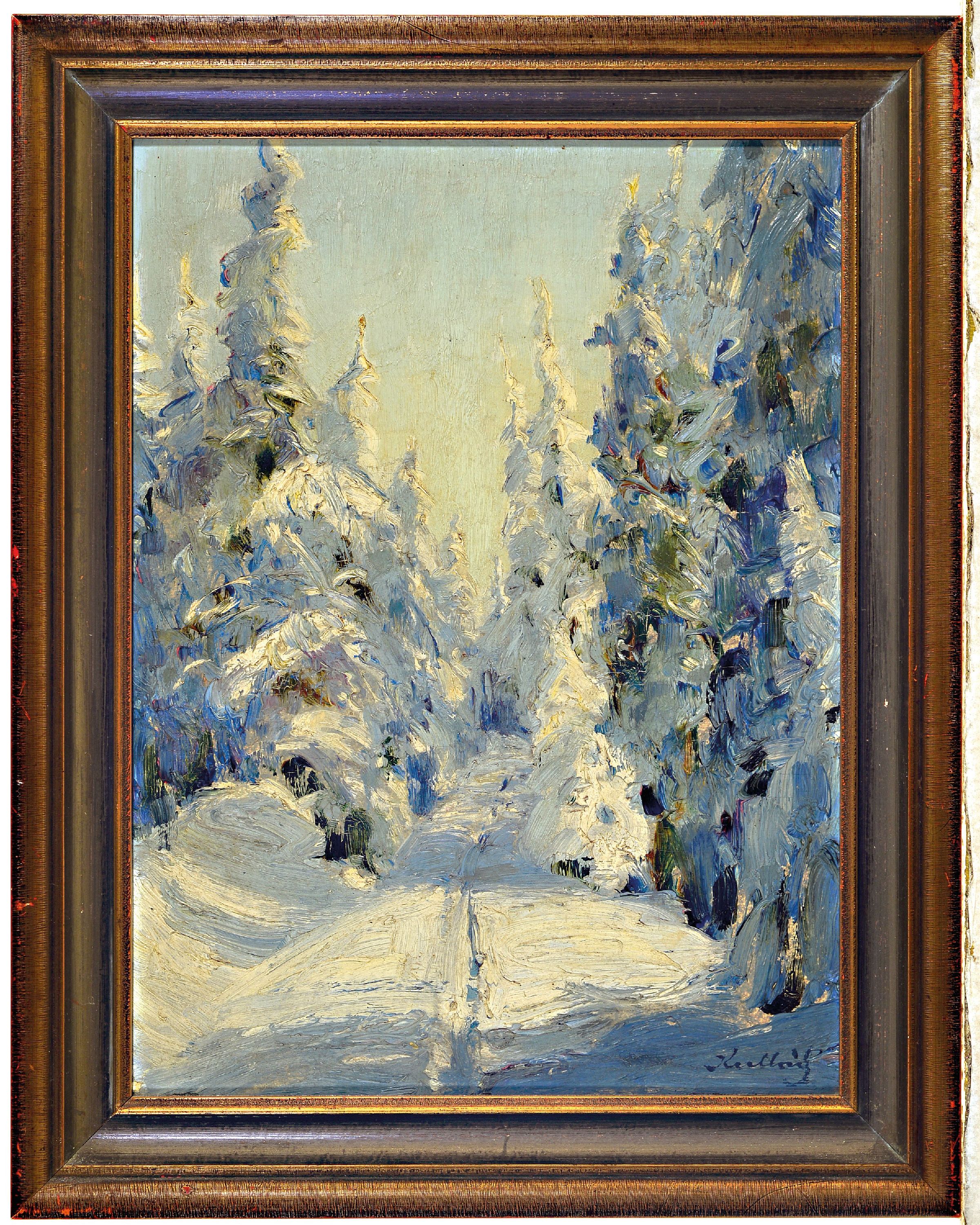 Detail l: Gustav Kullrich, 1888 Neustadt an der Weinstraße-1938 Karlsruhe, 3 kleine Gemälde mit verschneiten Waldlandschaften in Öl auf Lwd, alle sign., ca. ...