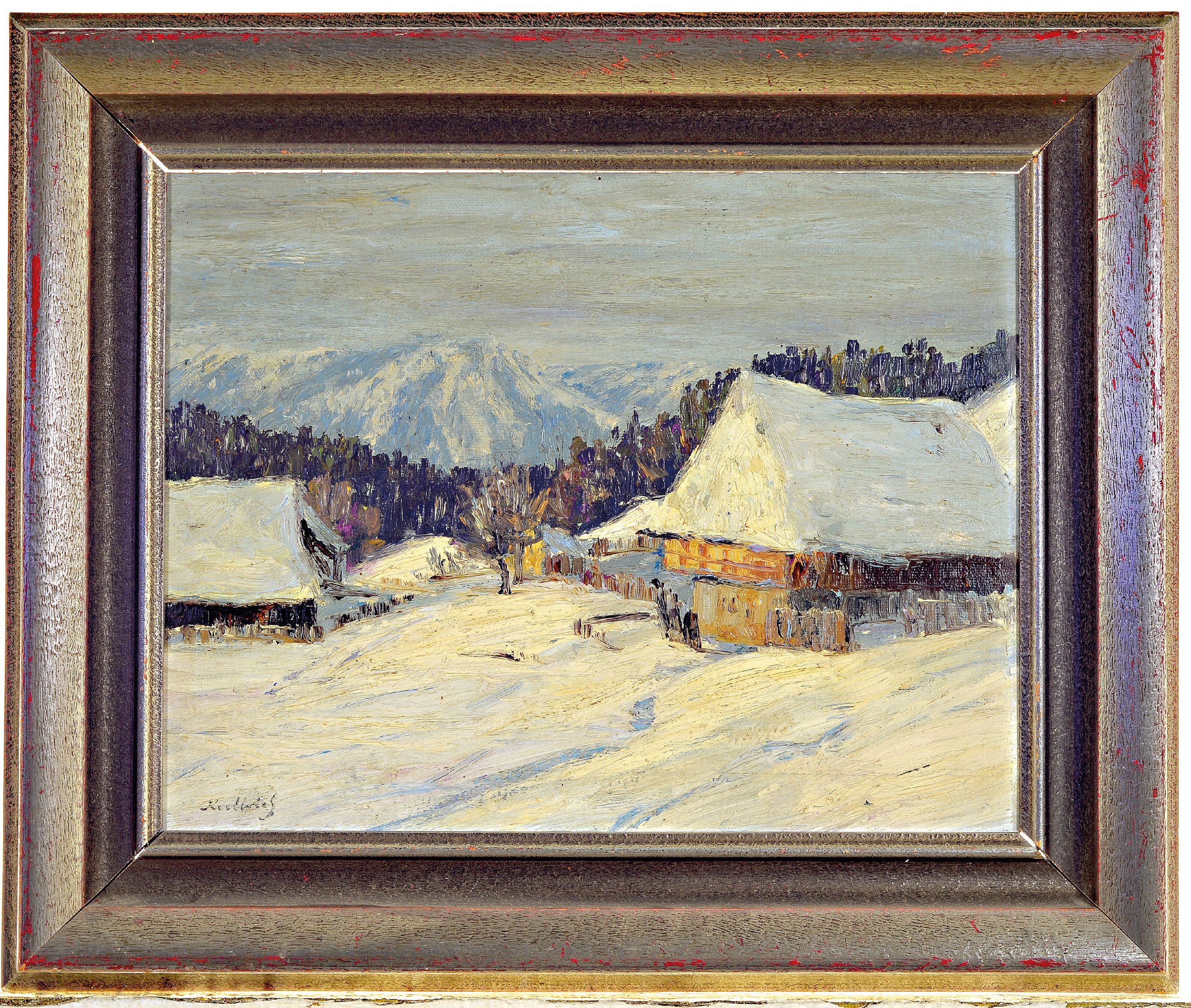 Detail n: Gustav Kullrich, 1888 Neustadt an der Weinstraße-1938 Karlsruhe, 3 kleine Gemälde mit verschneiten Waldlandschaften in Öl auf Lwd, alle sign., ca. ...