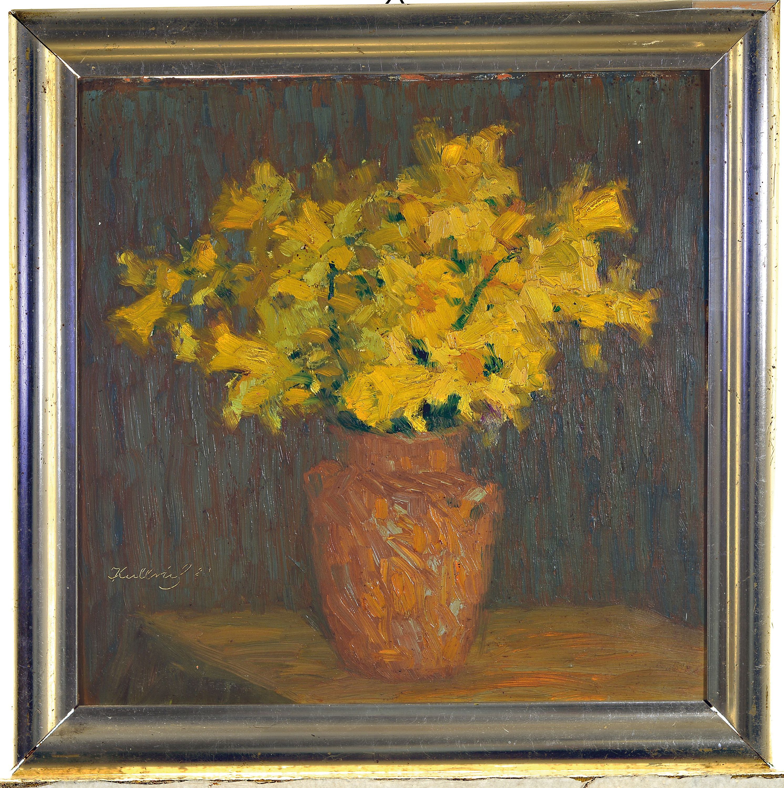 Detail k: Gustav Kullrich, 1888 Neustadt an der Weinstraße-1938 Karlsruhe, Stillleben mit gelben Blumen, Öl/Malkarton, links unten sign. und dat. 20, ca. ...