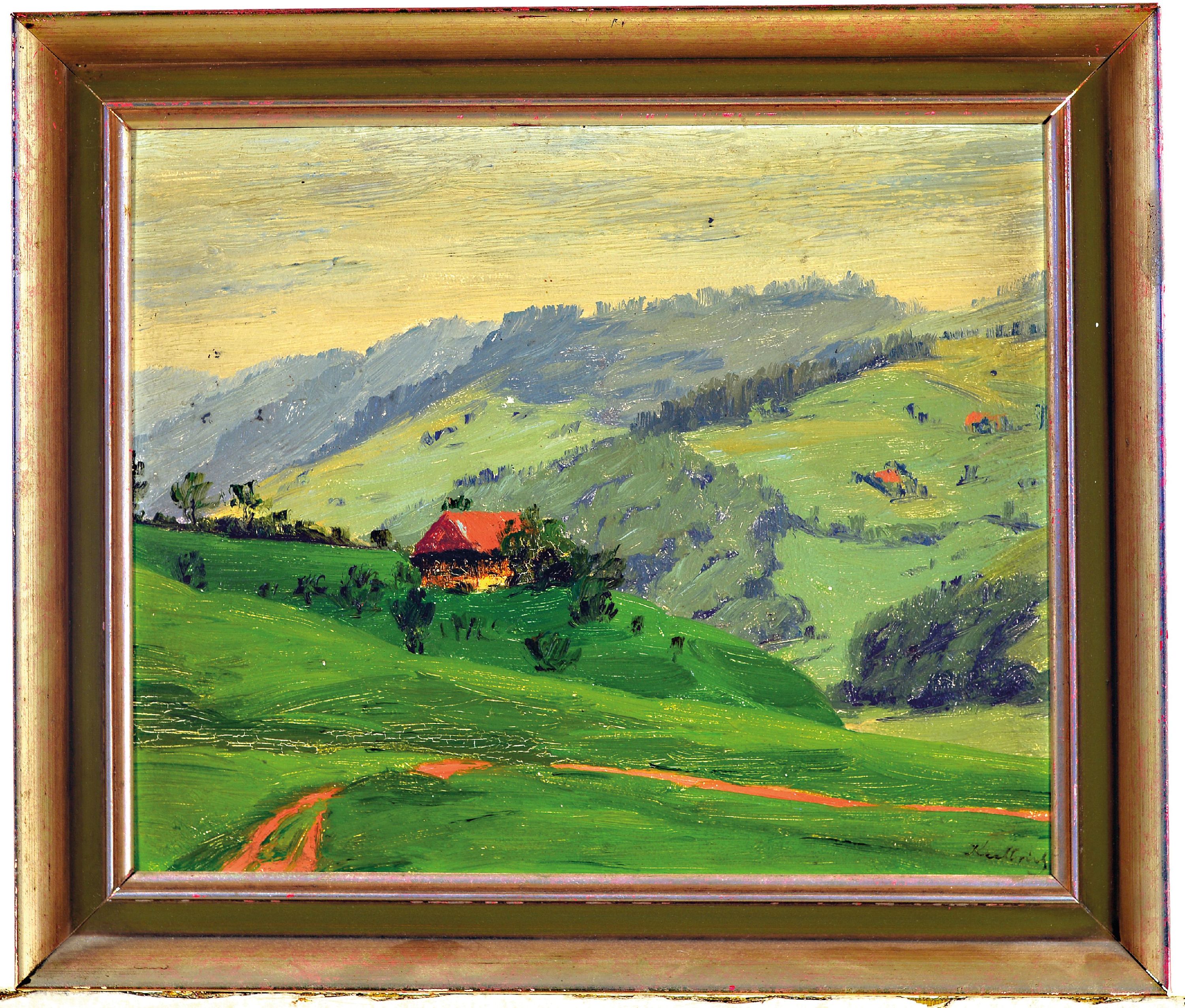 Detail k: Gustav Kullrich, 1888 Neustadt an der Weinstraße-1938 Karlsruhe, Hügelige Landschaft mit vereinzelten Häusern, Öl/Holz, rechts unten sign., ca. ...