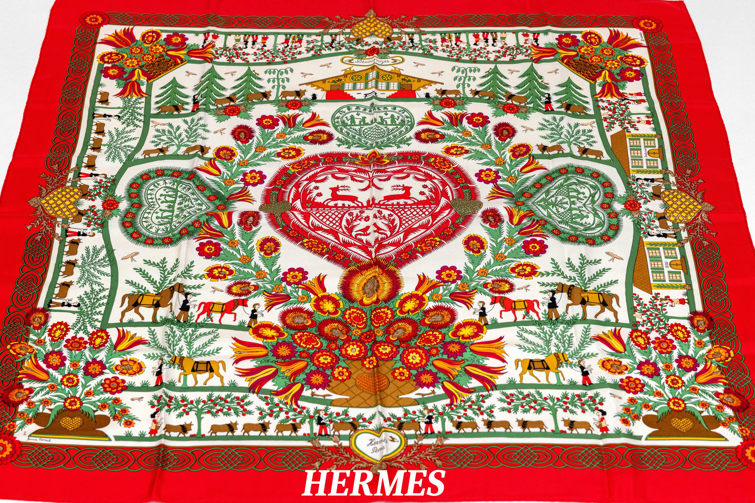Image 27005799 - HERMES Carree, ´Decoupages´, Anne Rosat, 100 % Seide, Made in France, hellgrundig mit ...