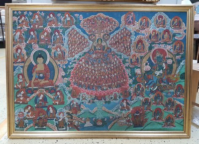 27005744a - Großer Thangka, Nepal, um 1900, vielfigurige Darstellung des buddhistischen Kosmos, ...