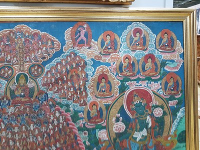 27005744g - Großer Thangka, Nepal, um 1900, vielfigurige Darstellung des buddhistischen Kosmos, ...
