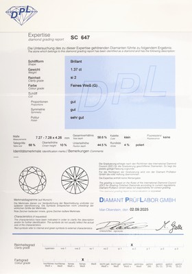 27005774a - 18 kt Gold Brillant-Anhänger, WG 750/000, mittig erhaben gefasster Brillant ca. 1.37 ...