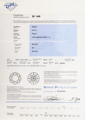 27005776a - 18 kt Gold Brillant-Ring, WG 750/000, mittig Brillant ca. 4.07 ct l.get.Weiß(I)/p1, ...