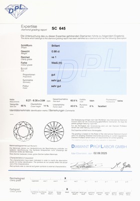 27005783a - 18 kt Gold Brillant-Ring, WG 750/000, mittig Brillant ca. 0.98 ct Weiß(H)/vs1, ...