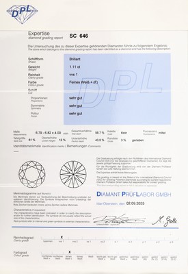 27005789a - 18 kt Gold Brillant-Ring, WG 750/000, mittig Brillant ca. 1.11 ct feines ...