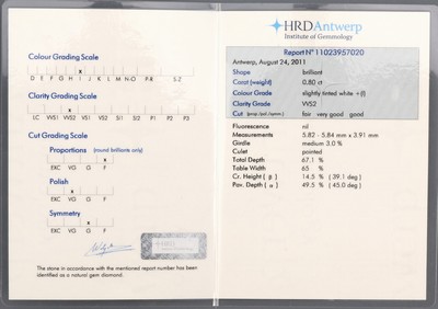 27005791a - 14 kt Gold Brillant-Ring, WG 585/000, Brillant ca. 0.80 ct l.get.Weiß(I)/vvs2, RW 57, ...