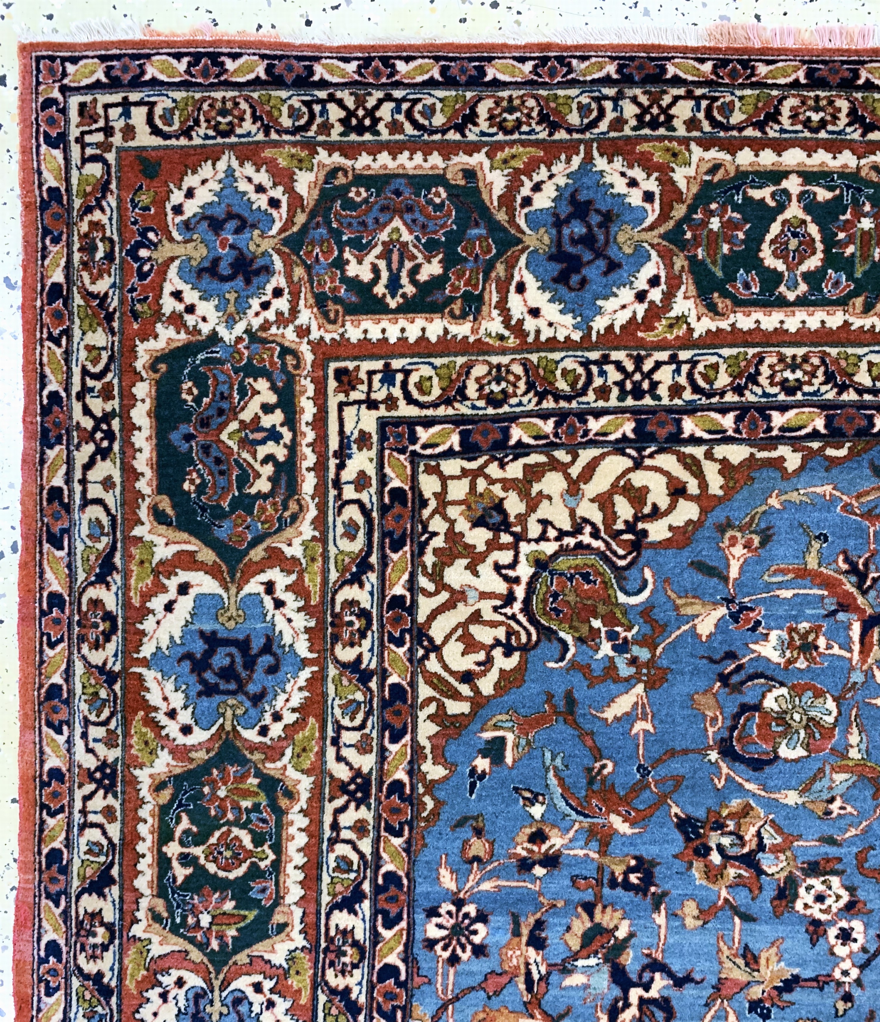 Detail e: Esfahan"Shooreshi"fein, "Haftrang Fransen",Persien, um 1920-1930, Korkwolle auf Seide, ca. 237 x 145 cm, ca. 1,0 Mio. Kn/qm, ...