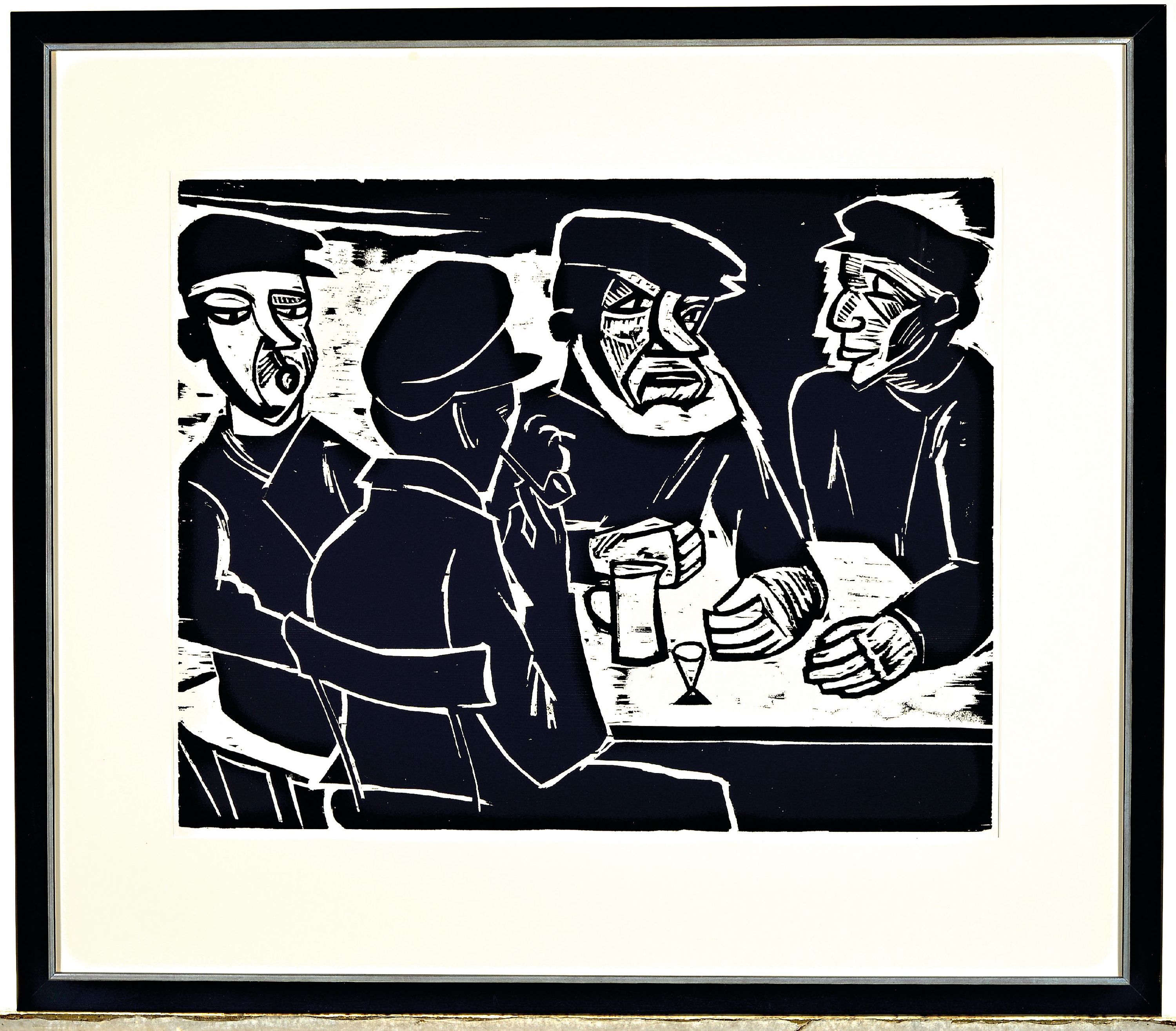 Detail k: Max Pechstein, 1881 Zwickau-1955 Berlin, Holzschnitt "Fischer in der Kneipe", 1922, unsigniert, verso Nachlaßstempel, PP Ausschnitt 41x50 ...
