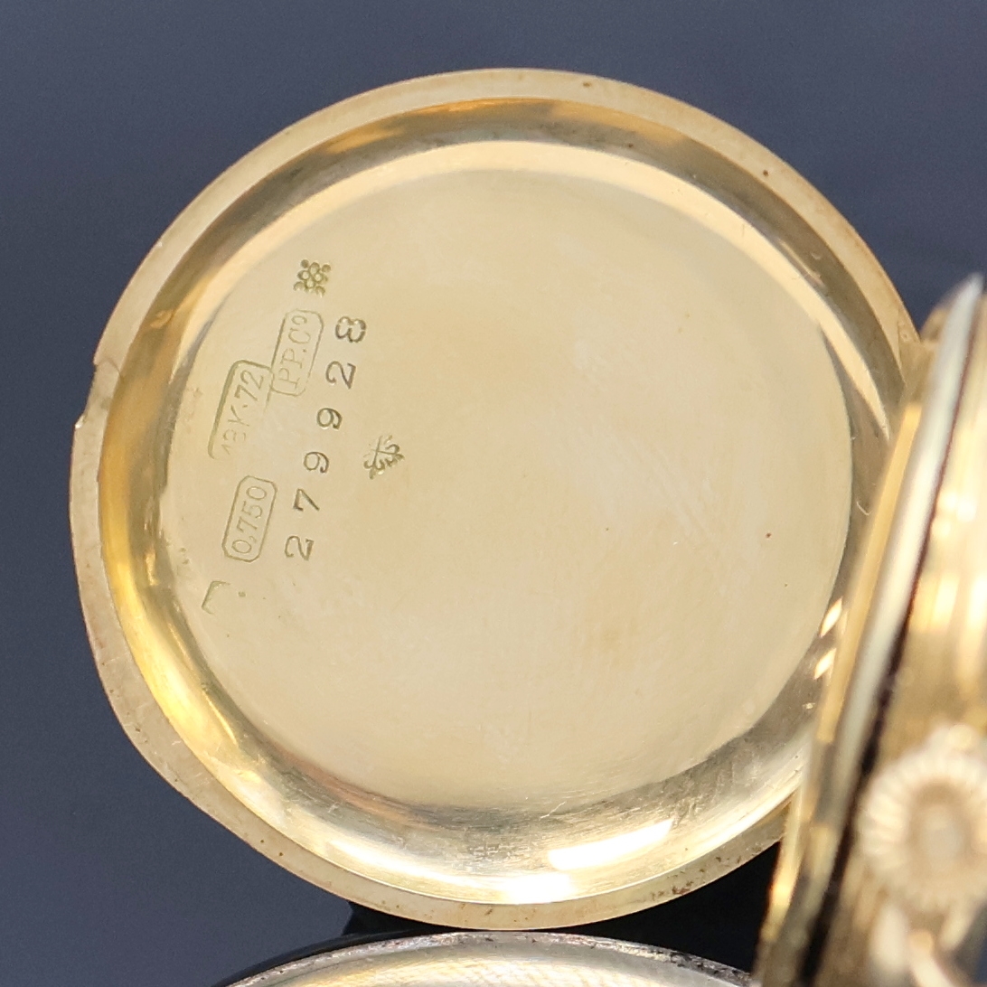 Detail c: PATEK PHILIPPE Damensavonette in GG 750/000,Schweiz um 1910, glattes 3 Deckel Goldgeh. dell., Cuvette m. russischer Eigentümer- Signatur, ...