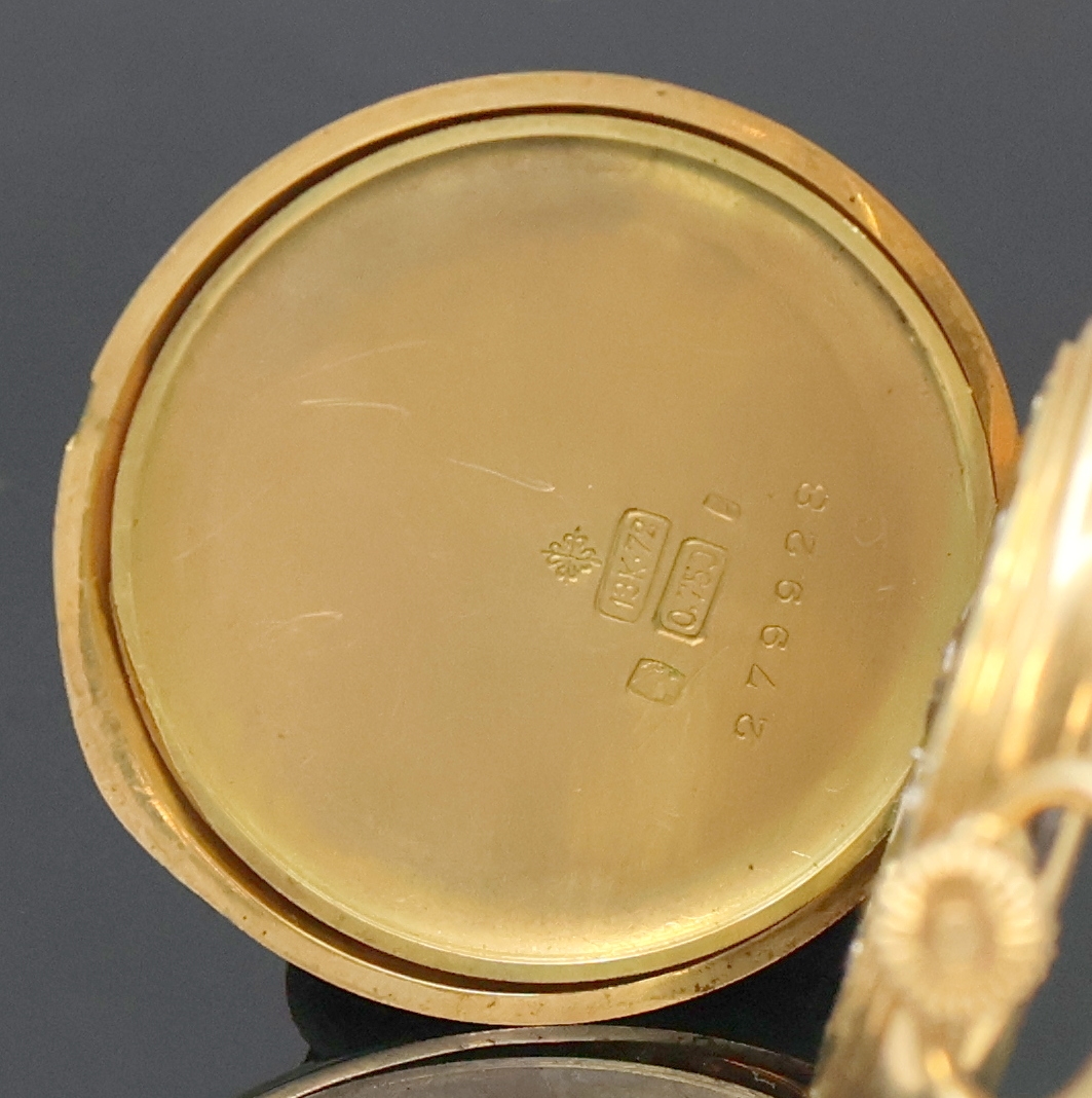 Detail d: PATEK PHILIPPE Damensavonette in GG 750/000,Schweiz um 1910, glattes 3 Deckel Goldgeh. dell., Cuvette m. russischer Eigentümer- Signatur, ...