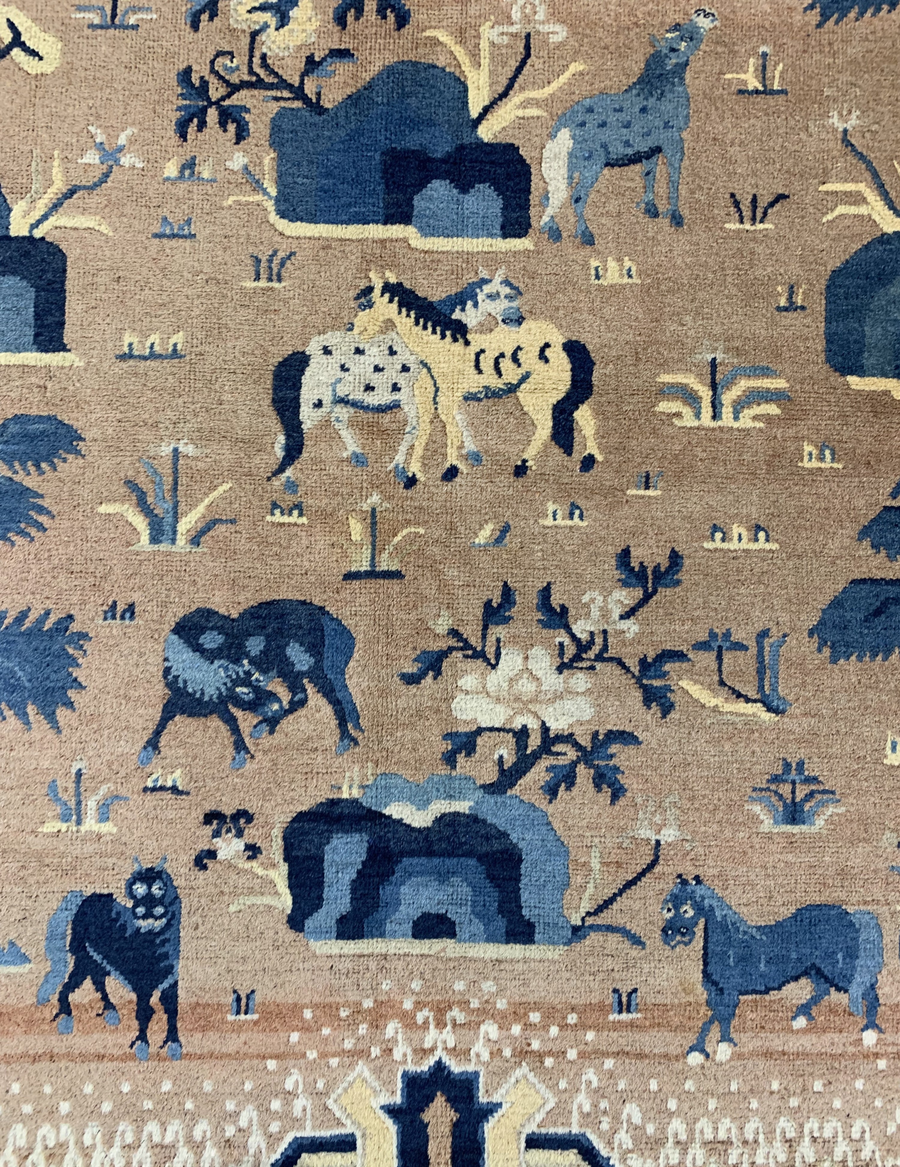 Detail e: Ning-Hsia"8 heilige Pferde", China, Anfang 20.Jhd, Wolle auf Baumwolle, ca. 210 x 130 cm, EHZ: 2, (fachkundig gereinigt)