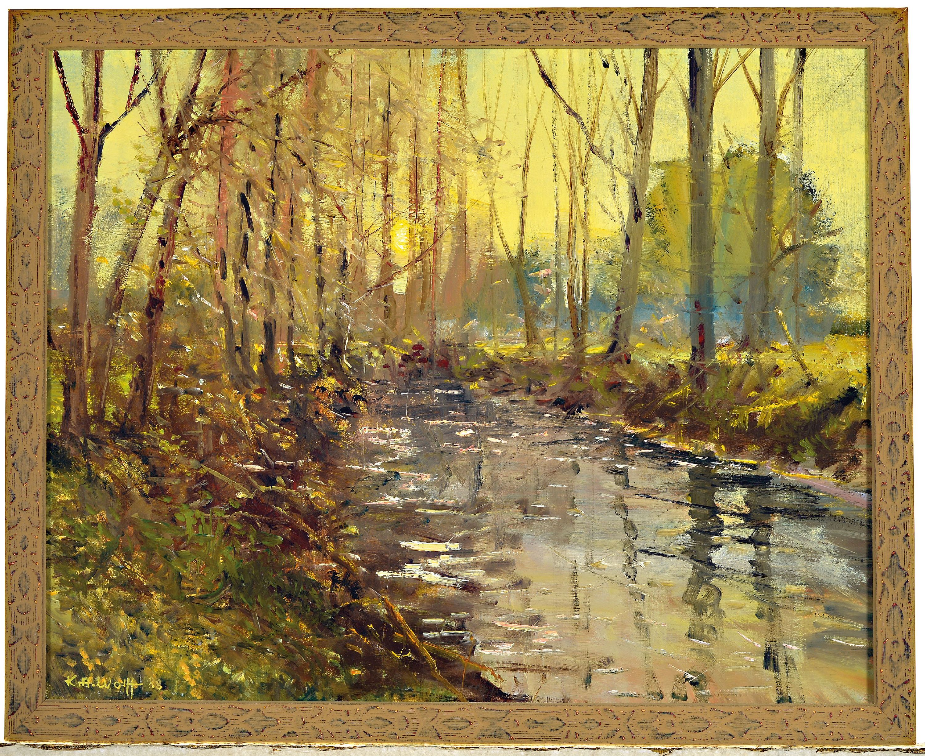 Detail k: Karl August Wolff, 1938-2023, "Die Queich im Abendlicht", signiert und datiert 1988, Öl/Lwd, 40x50 cm, Rahmen 43x53 cm