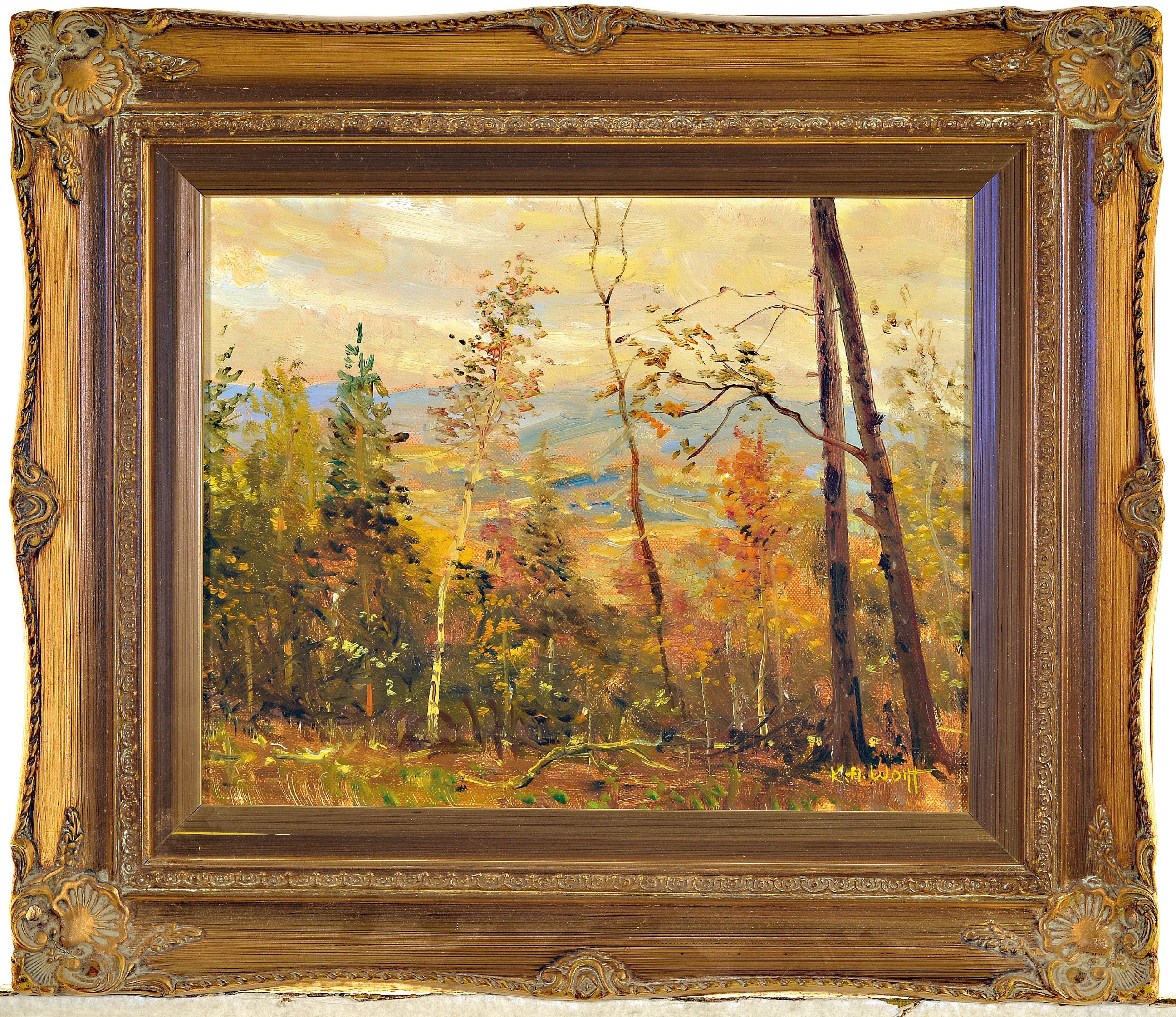 Detail k: Karl August Wolff, 1938-2023, Herbstlandschaft mit Blick in die Rheinebene, signiert, Öl/Lwd, Rahmen 38x42 cm