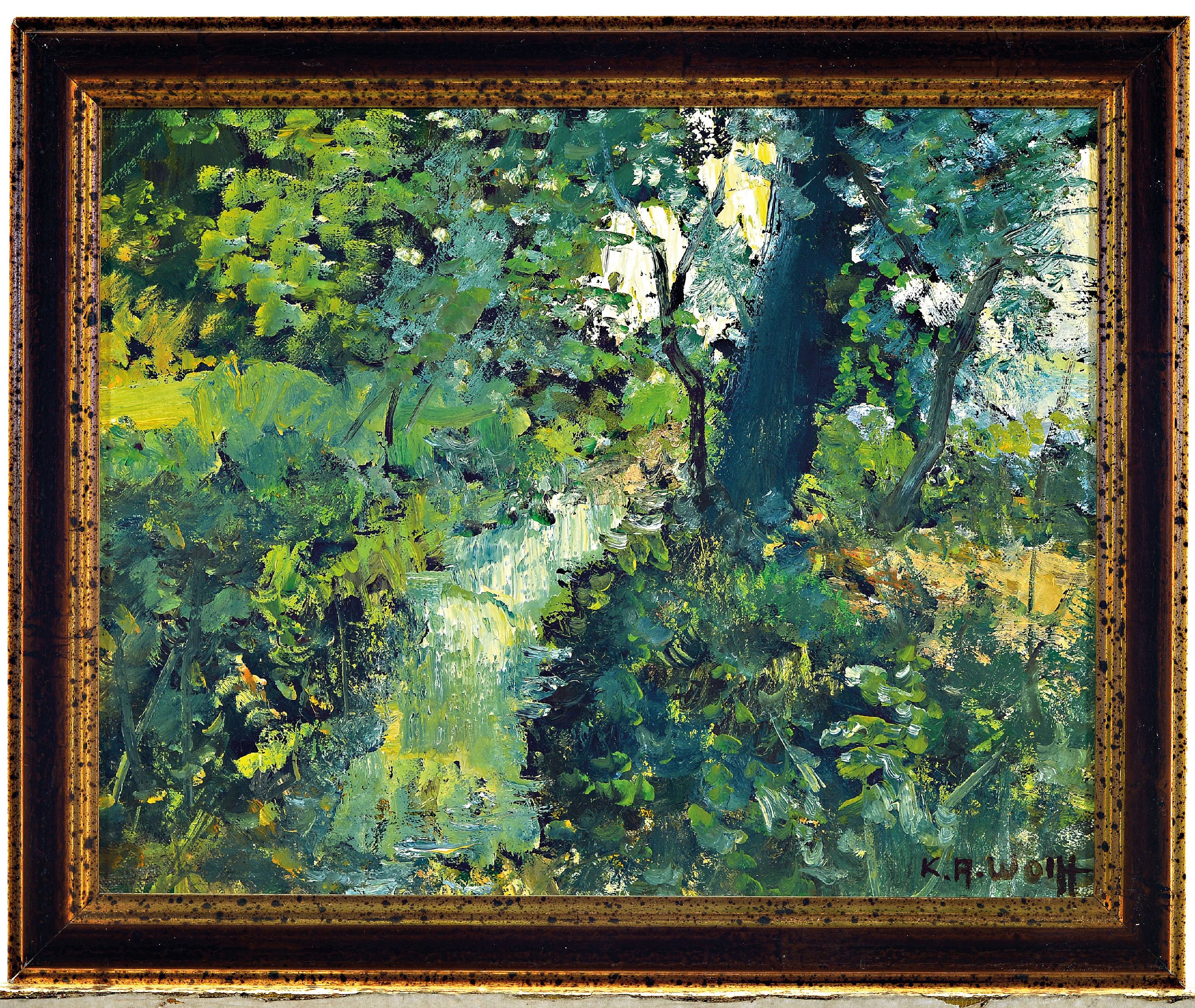 Detail k: Karl August Wolff, 1938-2023, zwei Waldlandschaften, Öl/Lwd, je signiert, Rahmen 44x34/28x34 cm