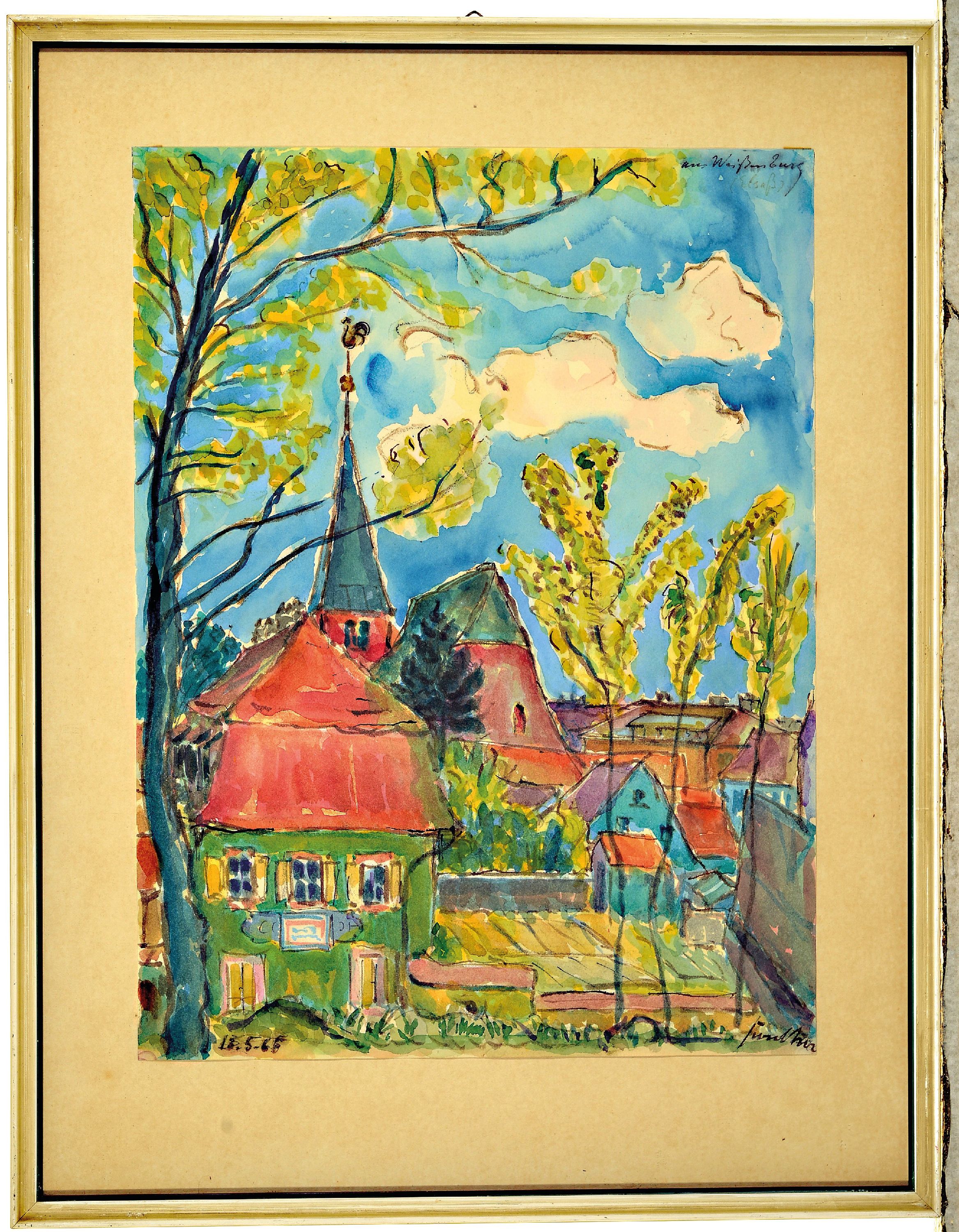 Detail k: Carl-Otto Günther, 1909 Bruchsal-1974 Kandel, zwei Ansichten aus Weißenbourg im Elsass, Öl/Pappe und Aquarell, Rahmen 34x28 und unter Glas gerahmt ...