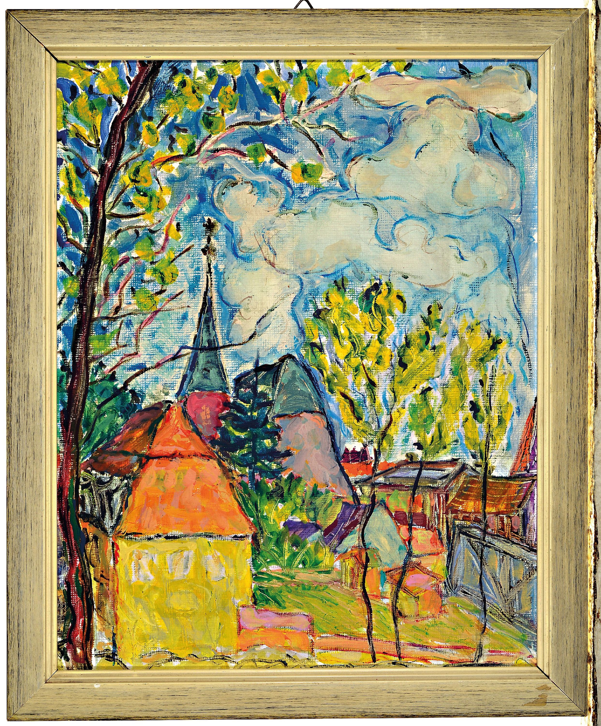 Detail l: Carl-Otto Günther, 1909 Bruchsal-1974 Kandel, zwei Ansichten aus Weißenbourg im Elsass, Öl/Pappe und Aquarell, Rahmen 34x28 und unter Glas gerahmt ...