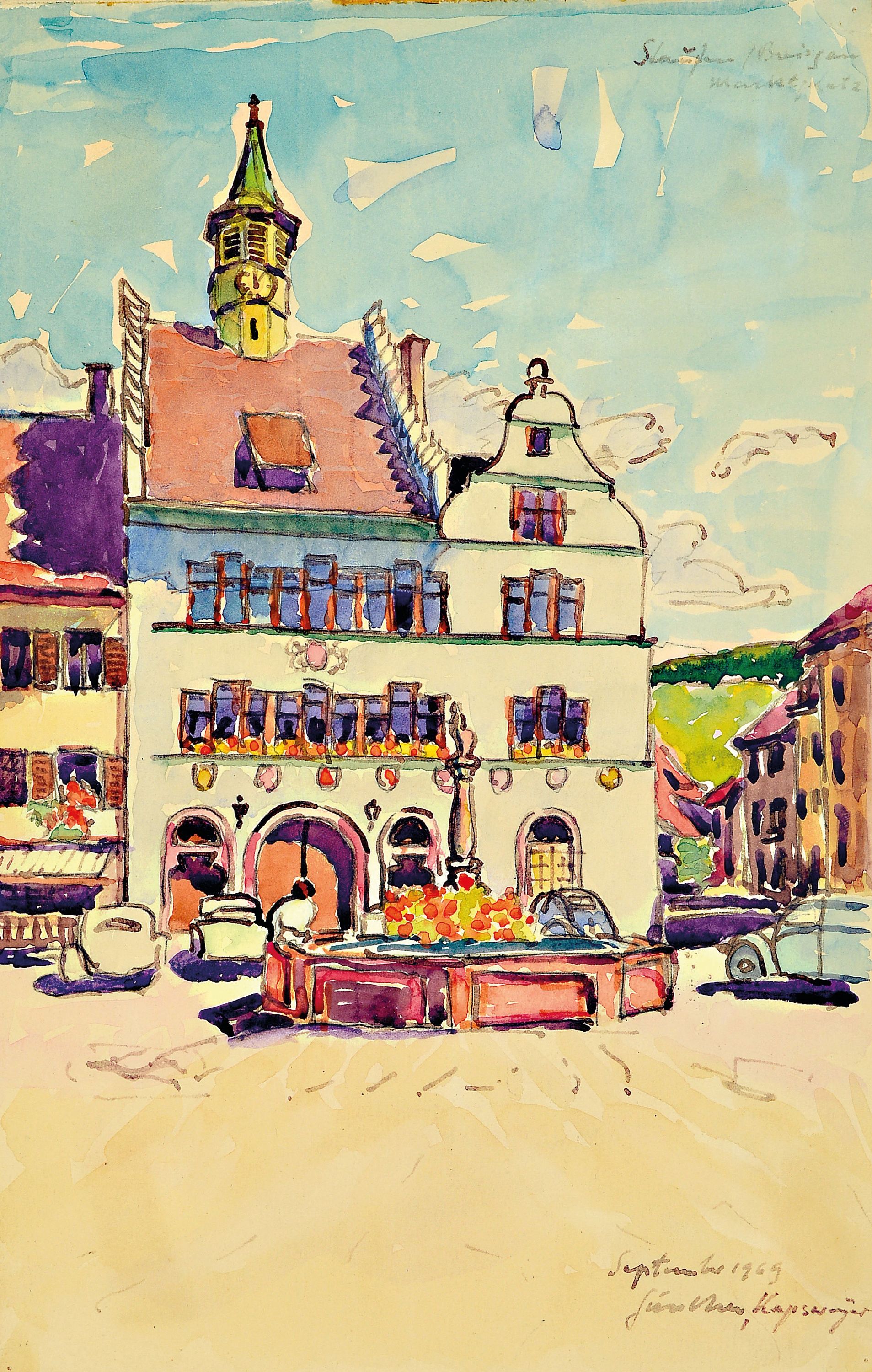 Detail a: Carl-Otto Günther, 1909 Bruchsal-1974 Kandel , 2 Aquarelle, Ansichten aus Staufen im Breisgau, Rathaus und Marktplatz, signiert und datiert 1969, ...