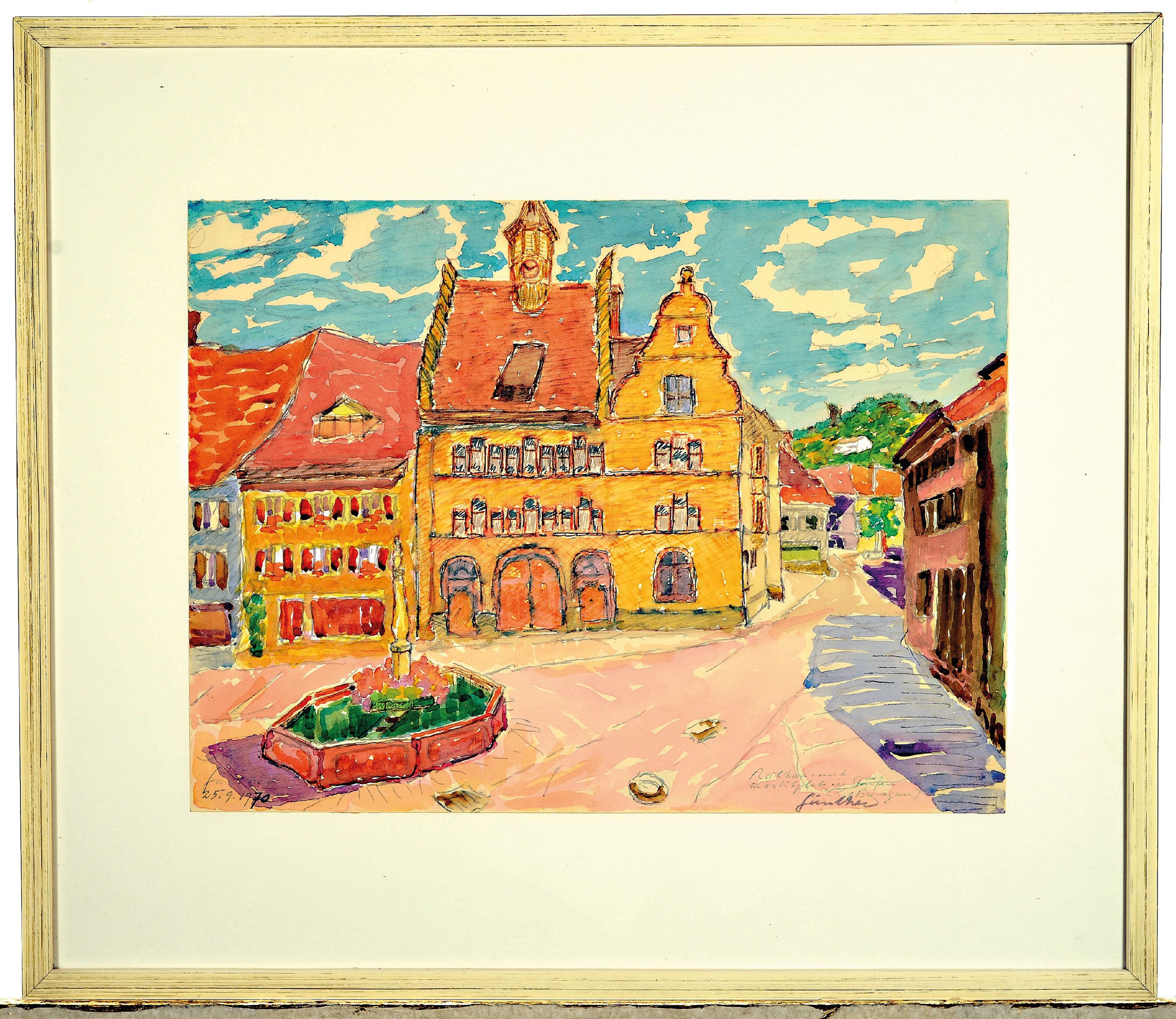 Detail k: Carl-Otto Günther, 1909 Bruchsal-1974 Kandel , 2 Aquarelle, Ansichten aus Staufen im Breisgau, Rathaus und Marktplatz, signiert und datiert 1969, ...
