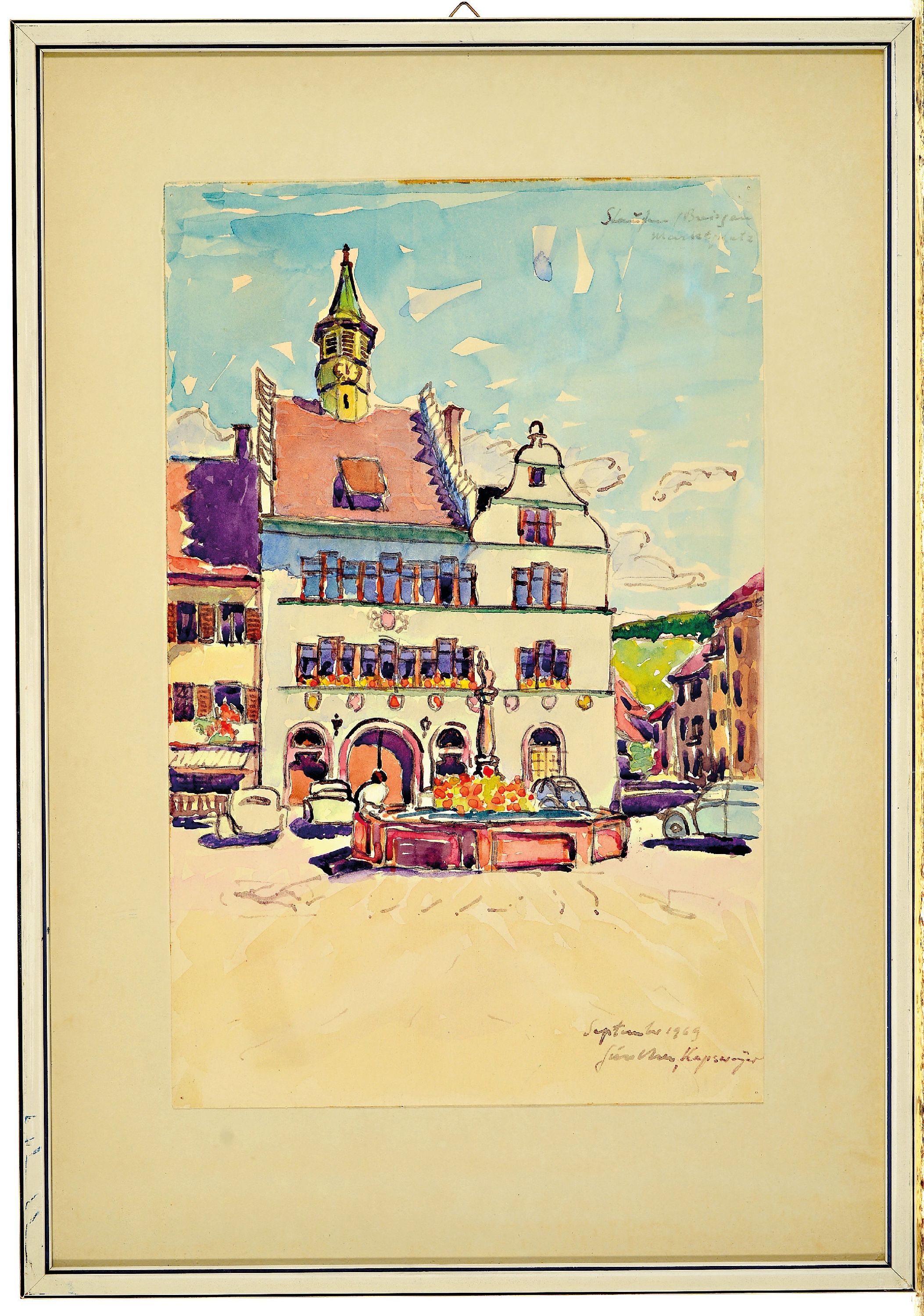Detail l: Carl-Otto Günther, 1909 Bruchsal-1974 Kandel , 2 Aquarelle, Ansichten aus Staufen im Breisgau, Rathaus und Marktplatz, signiert und datiert 1969, ...