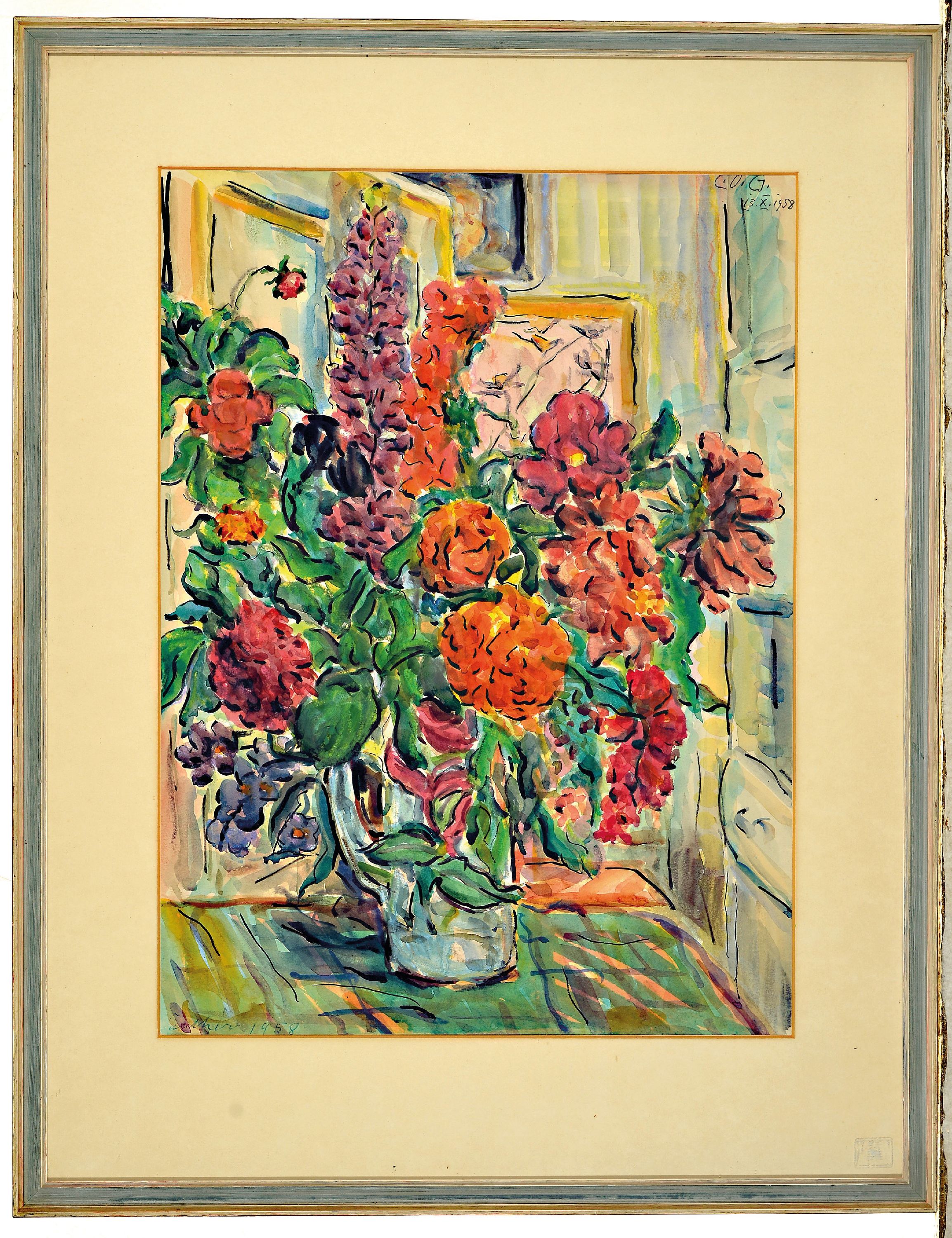 Detail k: Carl-Otto Günther, 1909 Bruchsal-1974 Kandel , Aquarell, Blumenstillleben, 13.10.1958, signiert und datiert, unter Glas gerahmt 68x52 cm, Abb. AK ...