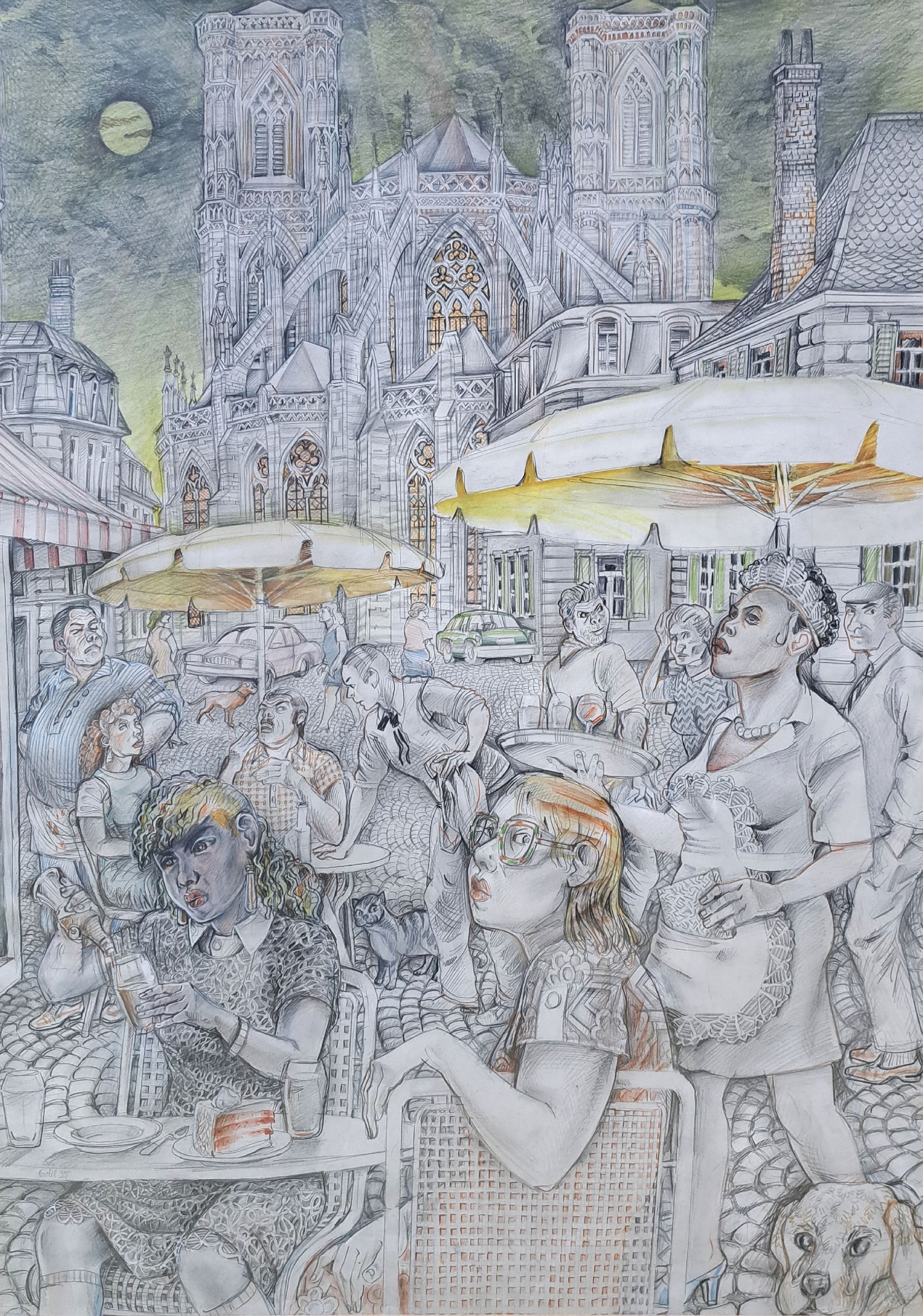 Detail k: Helmut Goettl, 1934 Decin-2011, Im Straßencaf vor der Kathedrale, großformatige Blei- und Buntstiftzeichnung, ca. 100x74cm, u.Gl., R. ca 119x90cm, ...