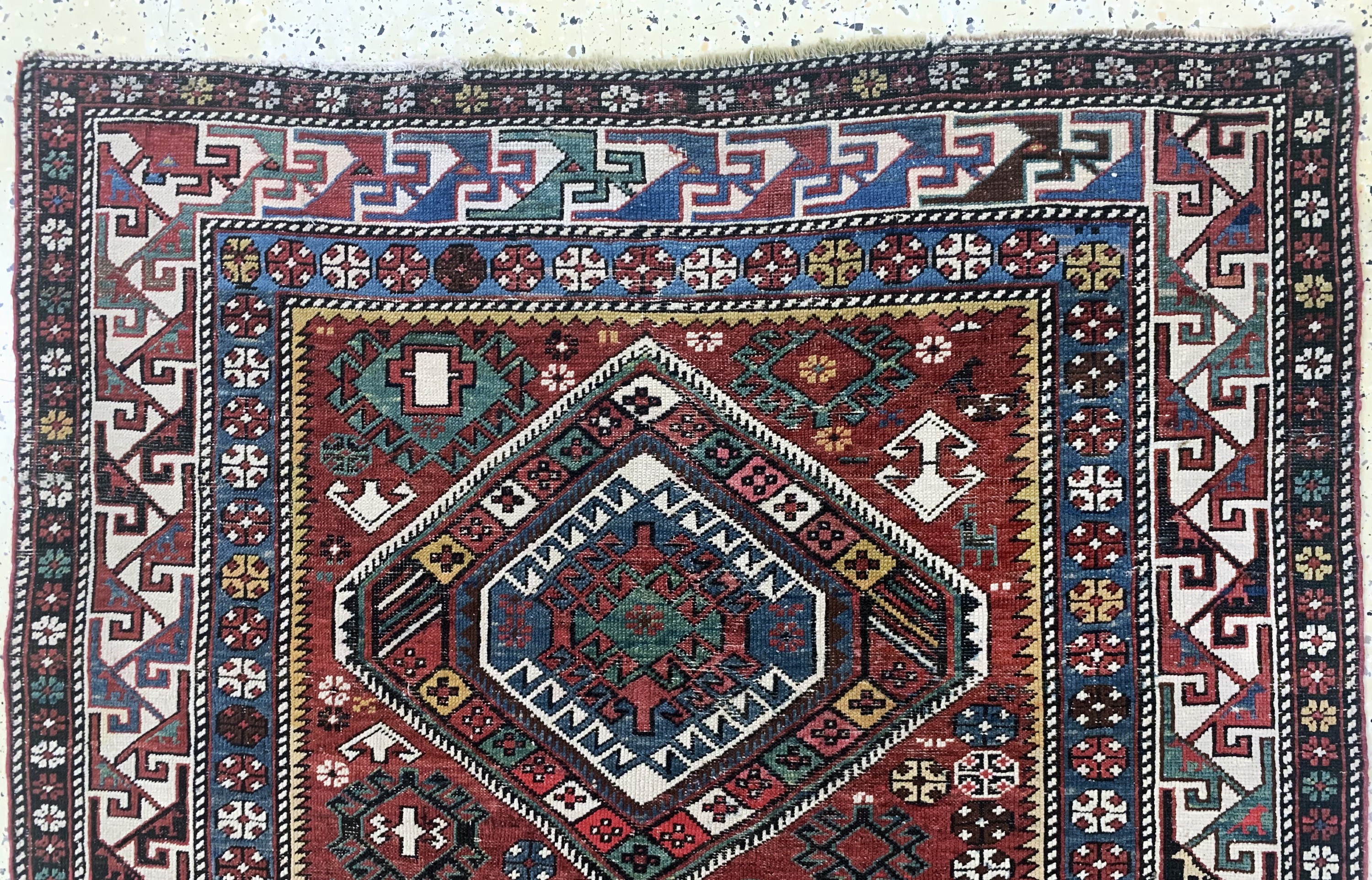 Detail a: Schirwan"Schemakhy"antik, Kaukasus, 19.Jhd,Wolle auf Wolle, ca. 257 x 122 cm, EHZ:(gleichmäßig dünn), restauriert