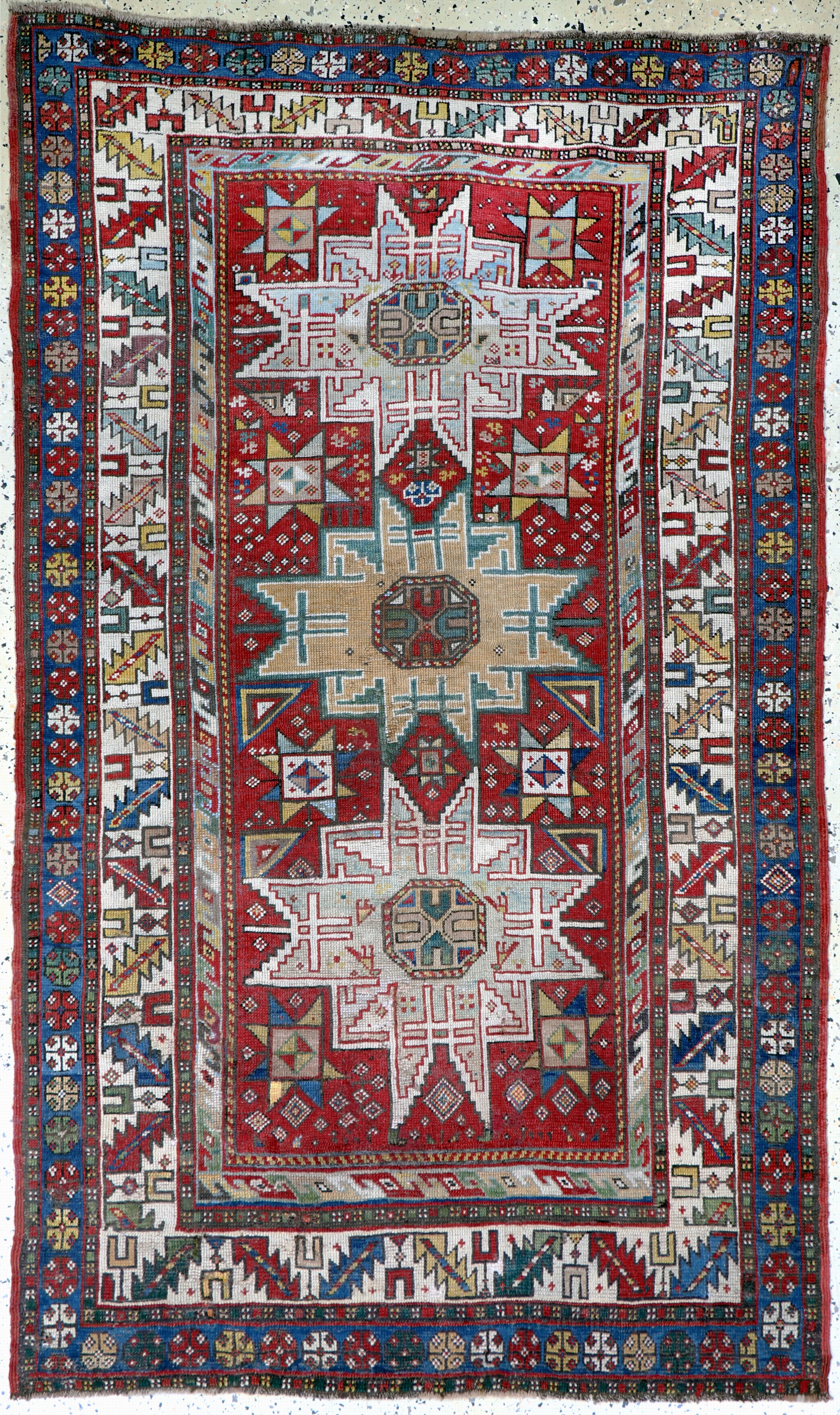 Antiker Kazak, Kaukasus, 19.Jhd, Wolle auf Wolle, ca. 205 x 124 cm, EHZ:(gleichmäßig dünn), restauriert