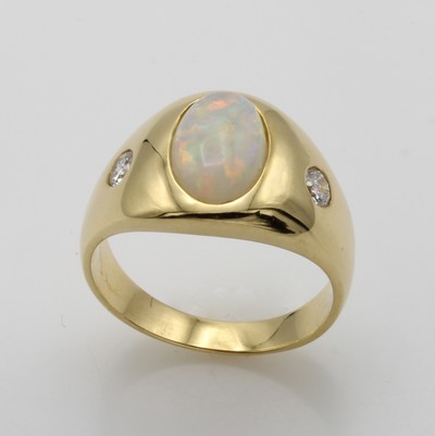 27006252a - Ring mit Opal und Brillanten, GG 750/000, ovaler Opal ca. 1.8 ct, 2 Brill. zus. ca. 0.26 ...