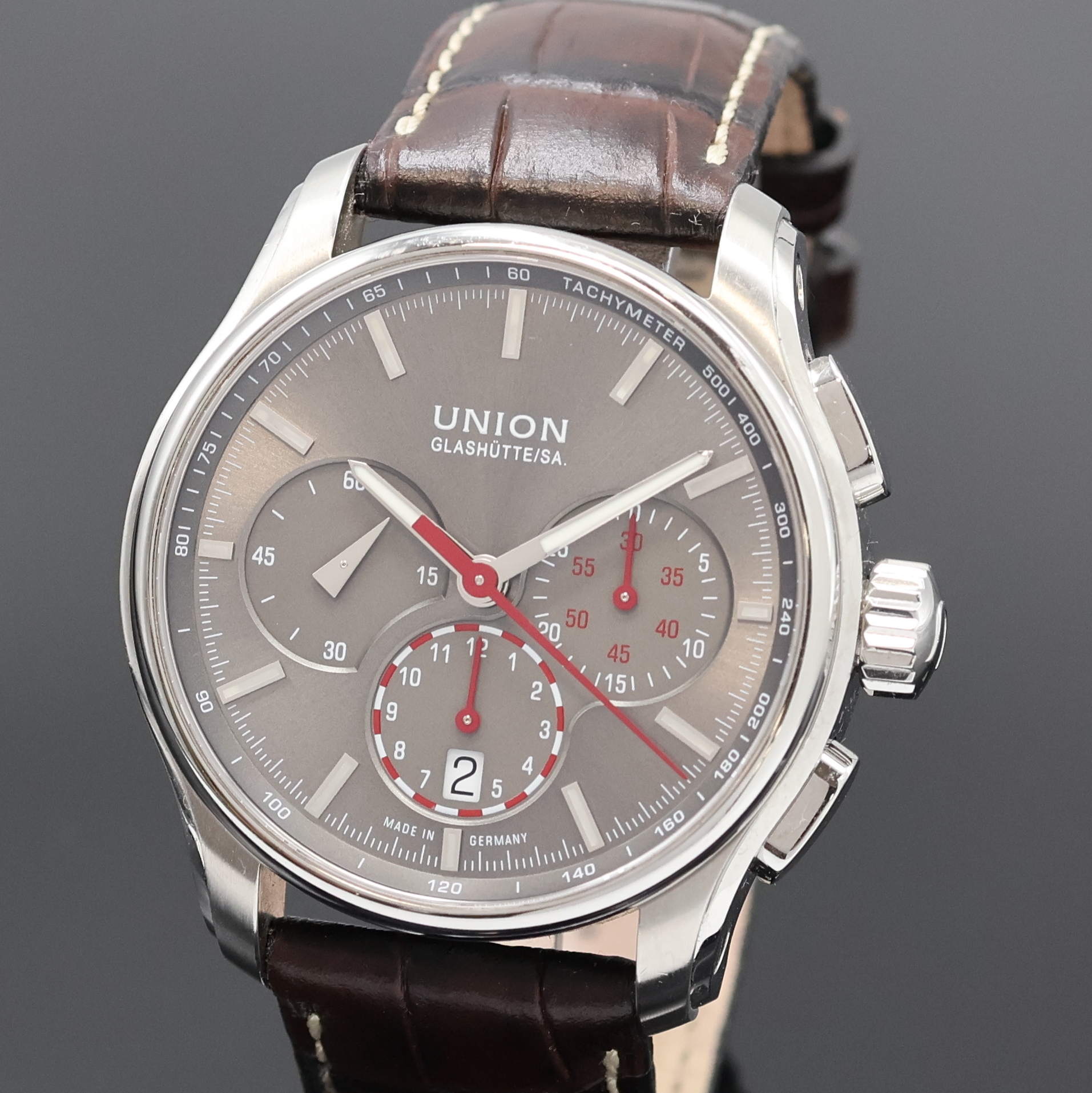 Detail a: UNION GLASHÜTTE Belisar Armbandchronograph Referenz D002.427A, Deutschland um 2015, Automatik, beids. vergl. Edelstahlgeh. inkl. orig. Lederband m. ...