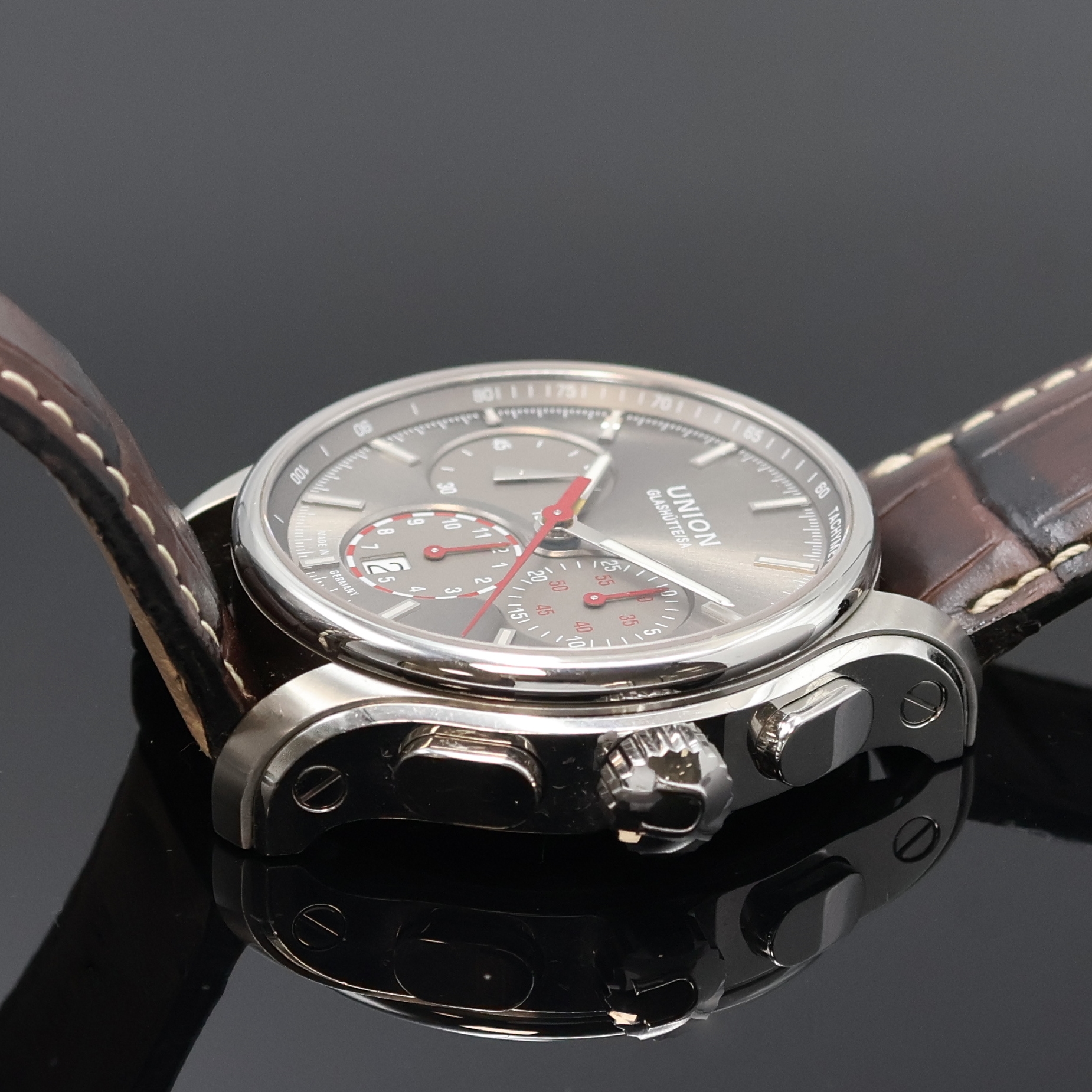 Detail c: UNION GLASHÜTTE Belisar Armbandchronograph Referenz D002.427A, Deutschland um 2015, Automatik, beids. vergl. Edelstahlgeh. inkl. orig. Lederband m. ...