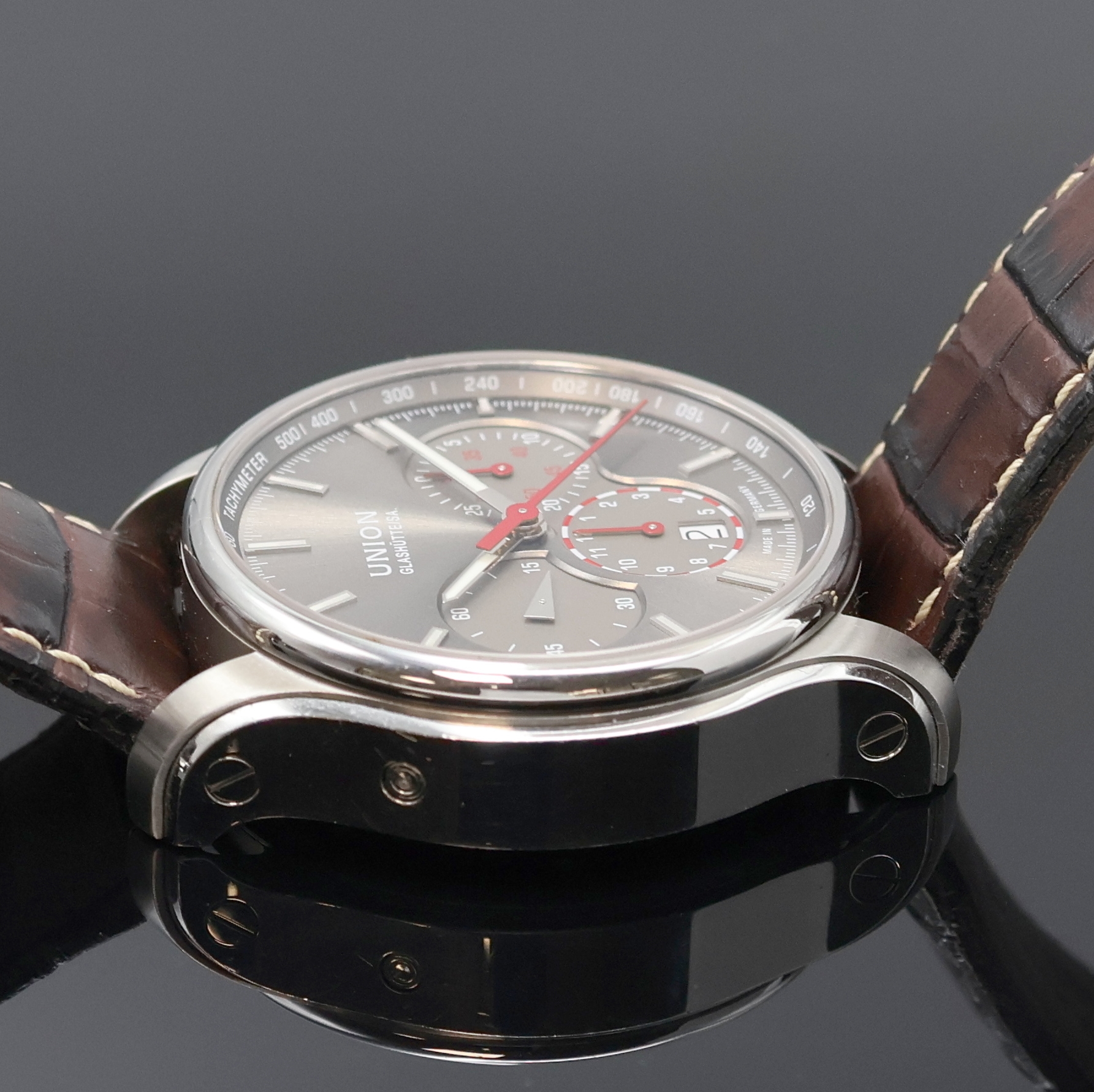 Detail d: UNION GLASHÜTTE Belisar Armbandchronograph Referenz D002.427A, Deutschland um 2015, Automatik, beids. vergl. Edelstahlgeh. inkl. orig. Lederband m. ...