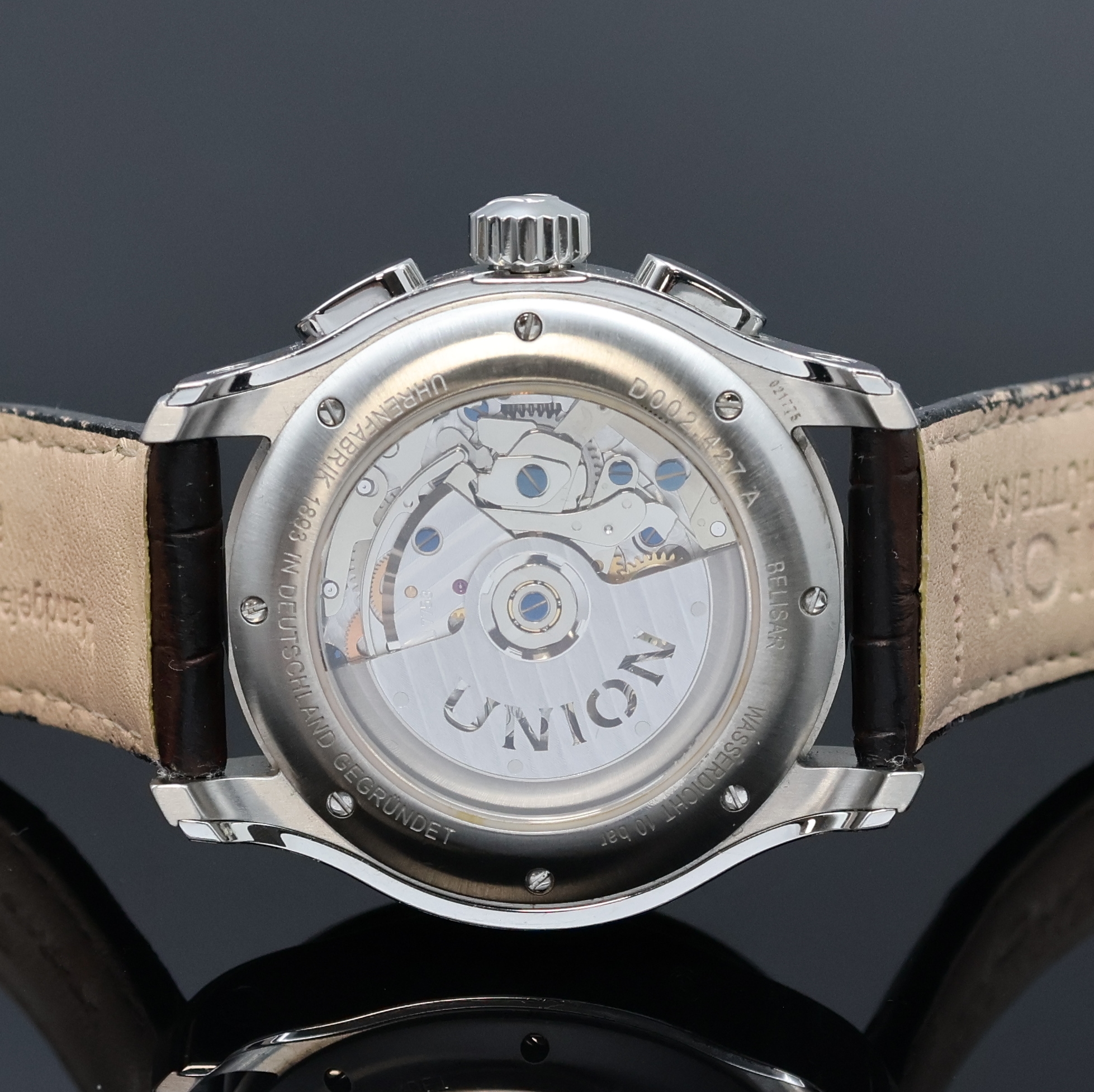 Detail e: UNION GLASHÜTTE Belisar Armbandchronograph Referenz D002.427A, Deutschland um 2015, Automatik, beids. vergl. Edelstahlgeh. inkl. orig. Lederband m. ...
