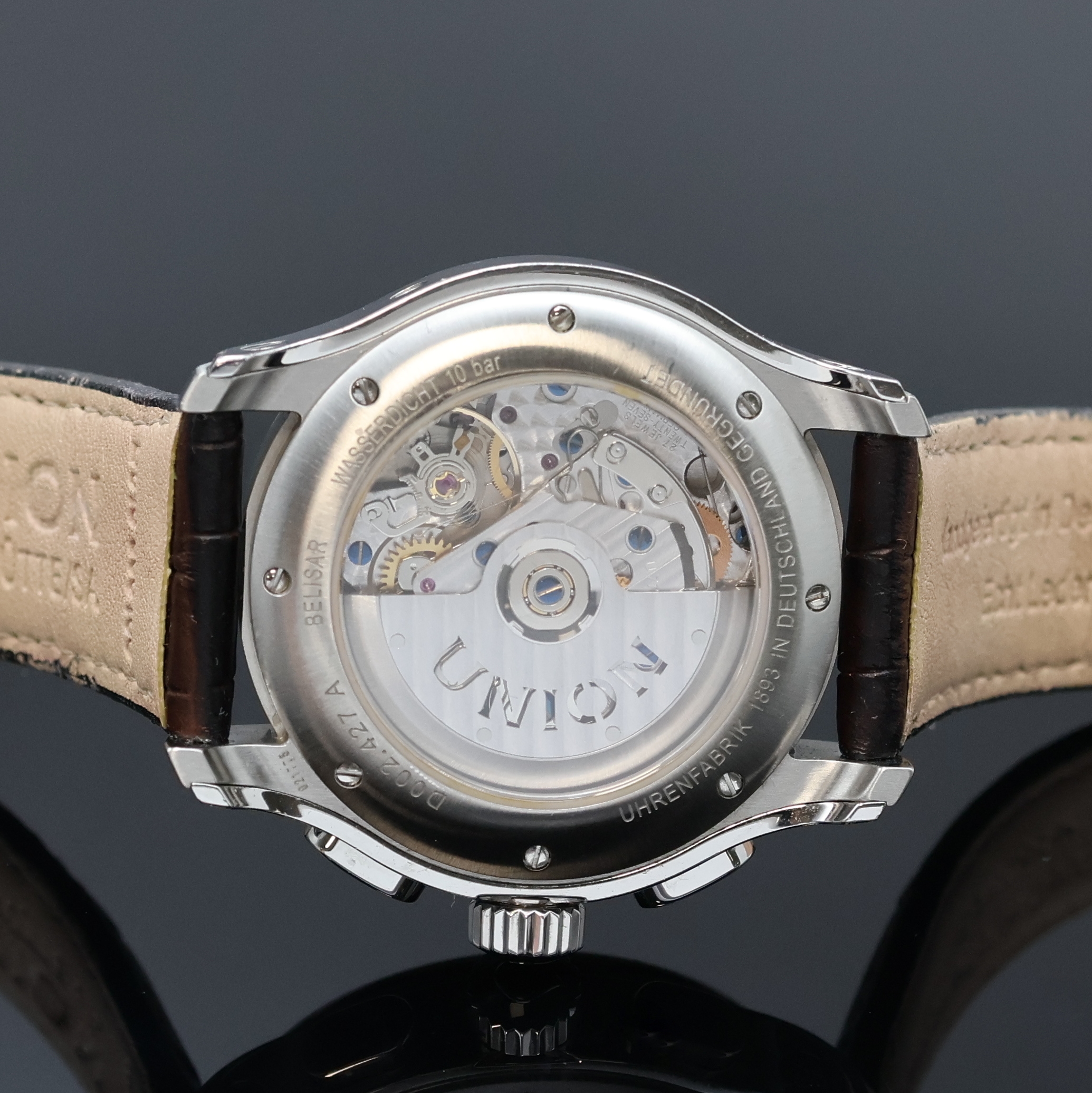 Detail f: UNION GLASHÜTTE Belisar Armbandchronograph Referenz D002.427A, Deutschland um 2015, Automatik, beids. vergl. Edelstahlgeh. inkl. orig. Lederband m. ...