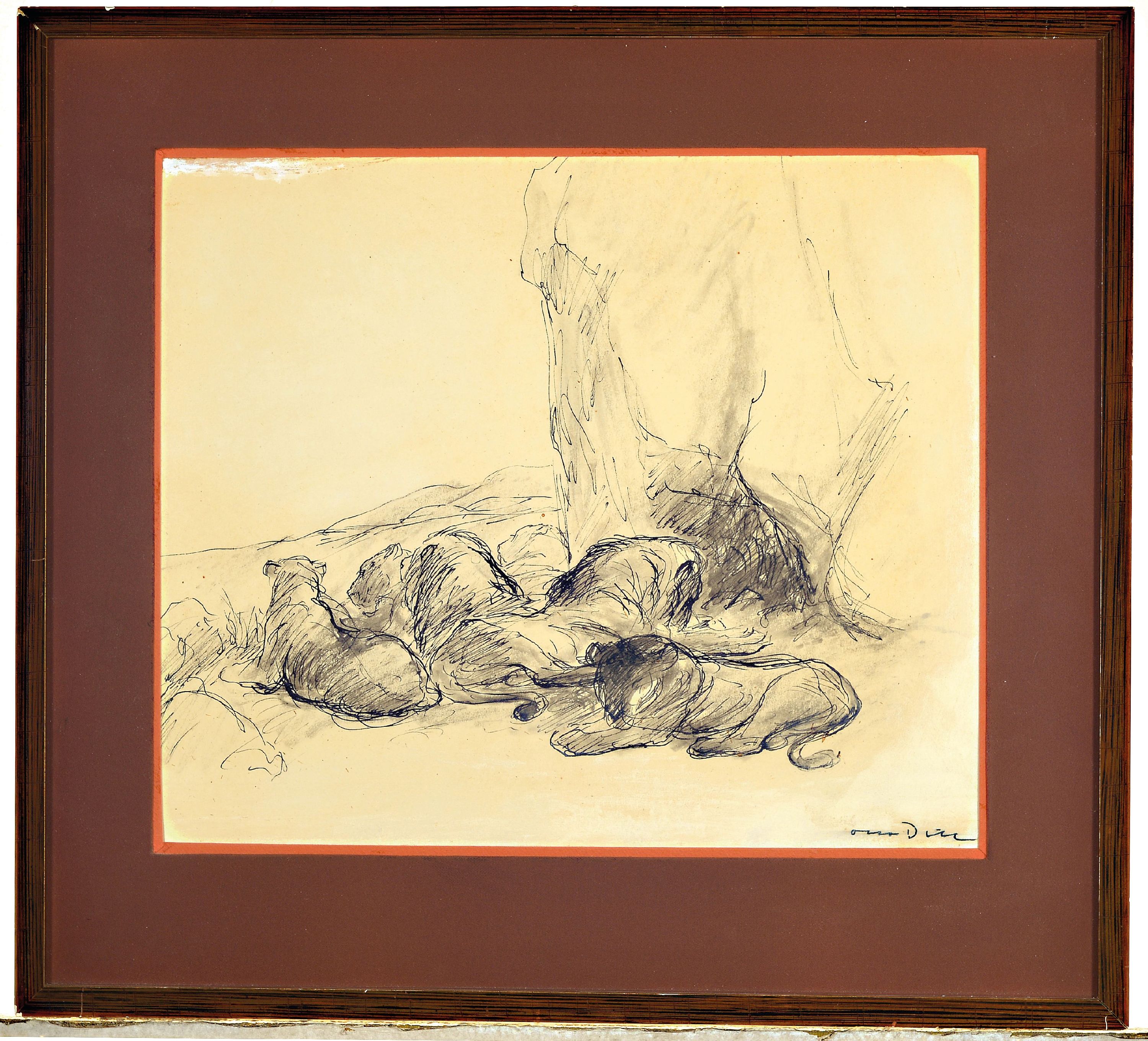 Detail k: Otto Dill, 1884 Neustadt-1957 Bad Dürkheim, lavierte Tuschezeichnung, "Löwengrube (Rudel)" so bez., signiert, PP Ausschnitt 34x39 cm, ...