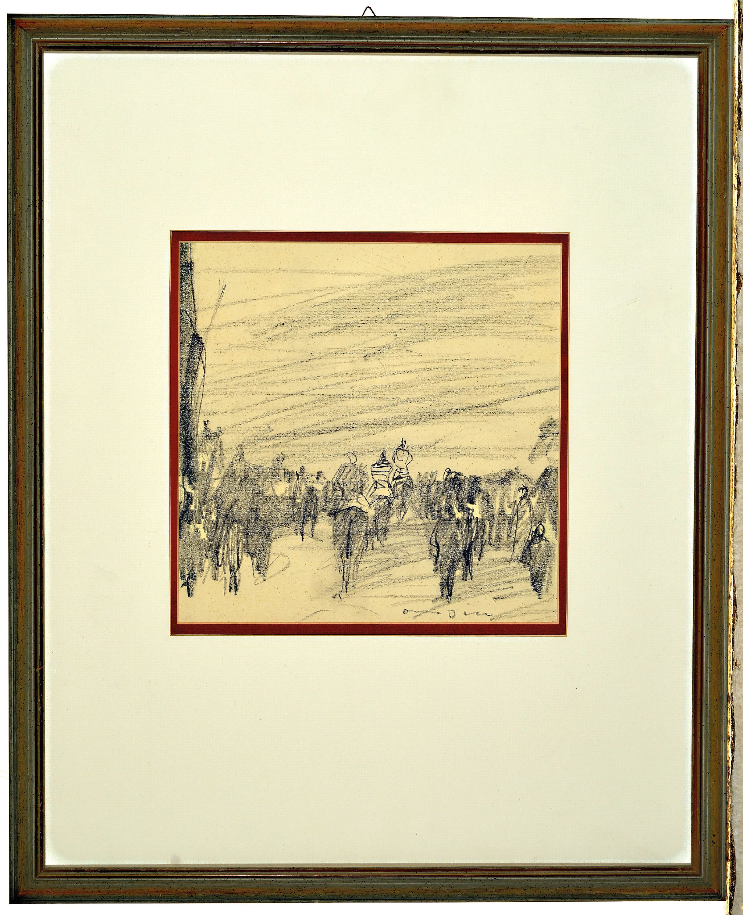 Detail k: Otto Dill, 1884 Neustadt-1957 Bad Dürkheim, späte Bleistiftzeichnung, wohl Jockeys auf dem Weg zum Rennplatz, signiert, PP Ausschnitt 22x22 cm, ...