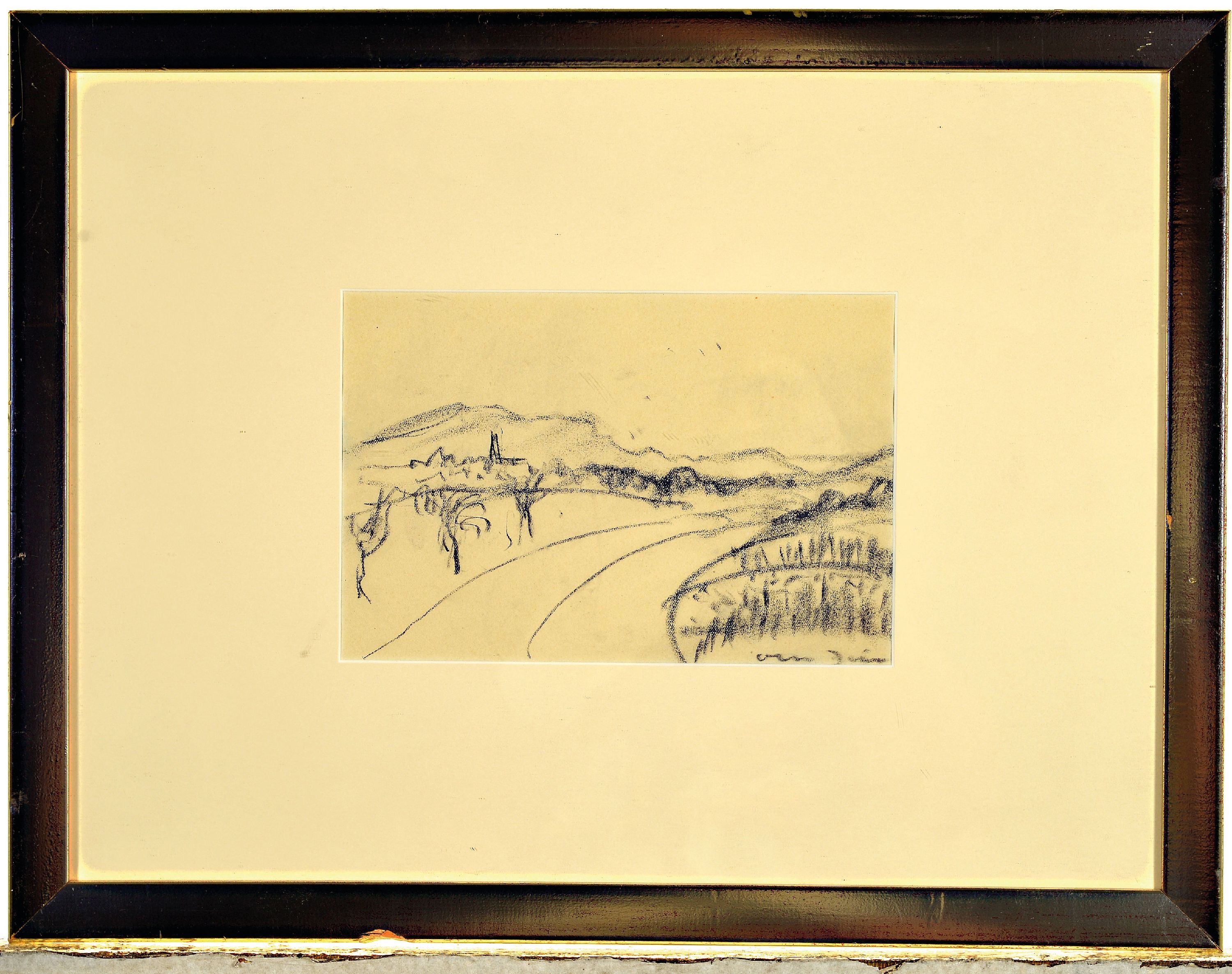 Detail k: Otto Dill, 1884 Neustadt-1957 Bad Dürkheim, Landschaftsstudie, Kohlestift, Blick auf Gimmeldingen, signiert, unter Glas gerahmt 33x43 cm