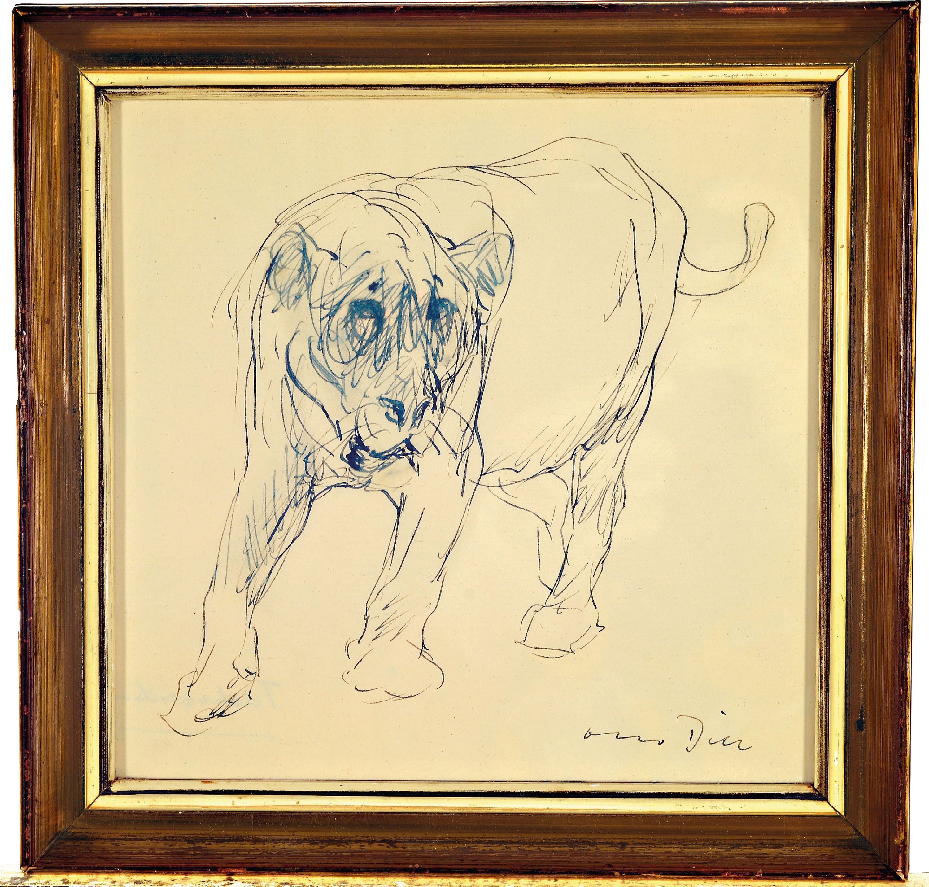Detail k: Otto Dill, 1884 Neustadt-1957 Bad Dürkheim, Skizze einer Löwin, Tusche auf Papier, l. verblichen, handsigniert, unter Glas gerahmt 25x25 cm