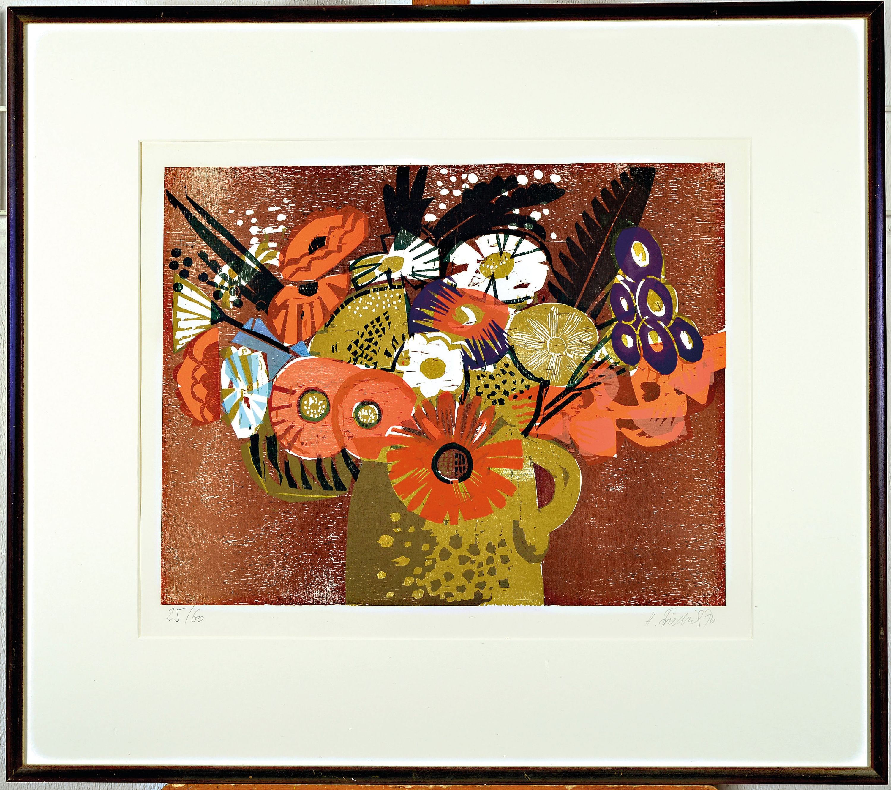 Detail k: Heinz Friedrich, 1924-2018 Schwetzingen, 2 Farbholzschnitte, "Sonnenblumen im Krug", 1972, Ed. 11/60, "Sommerstrauß", 1976, Ed. ...