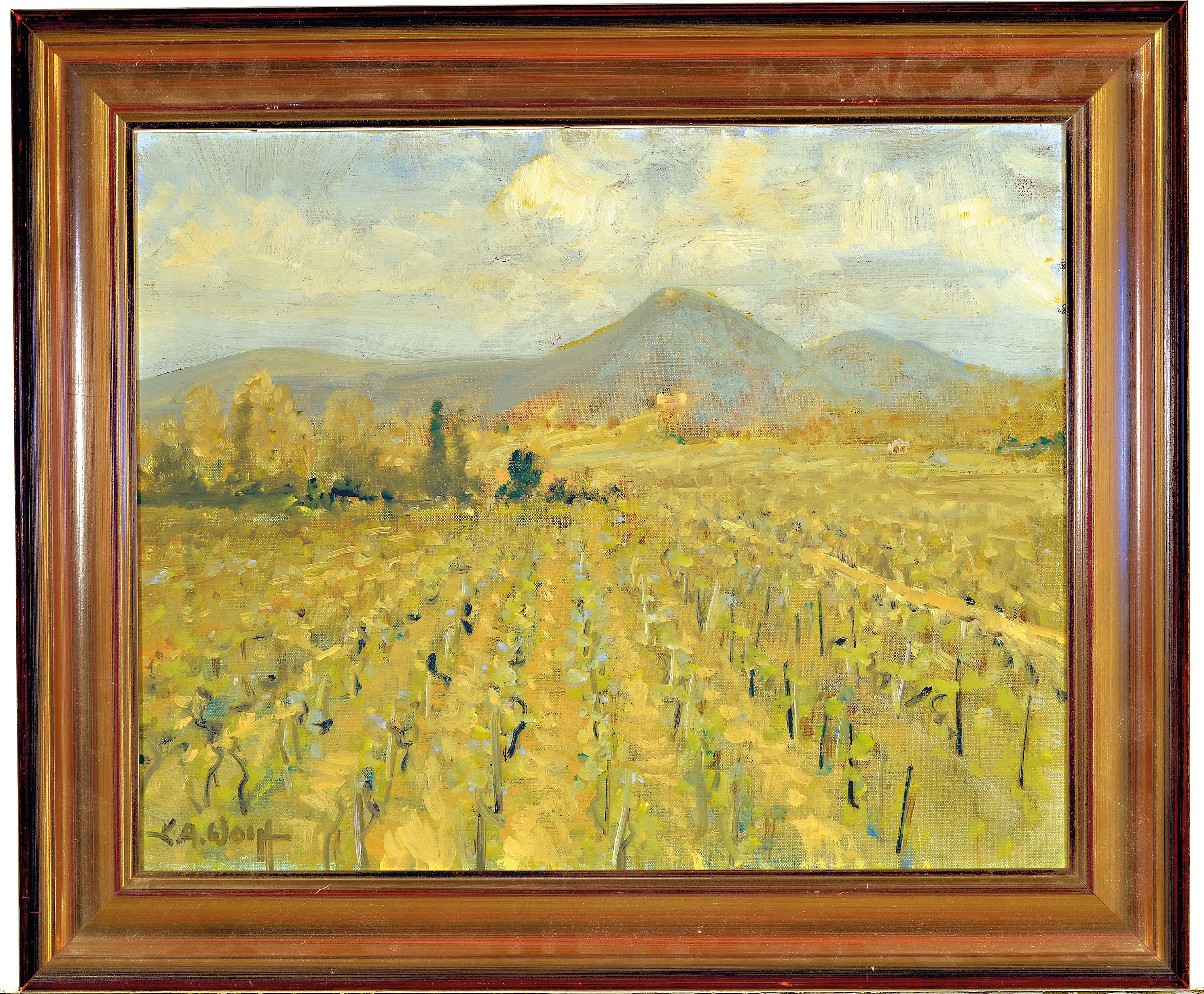 Detail k: Karl August Wolff, 1938-2023, Blick auf die Ludwigshöhe, signiert, Öl/Lwd, 40x50 cm, Rahmen 53x63 cm