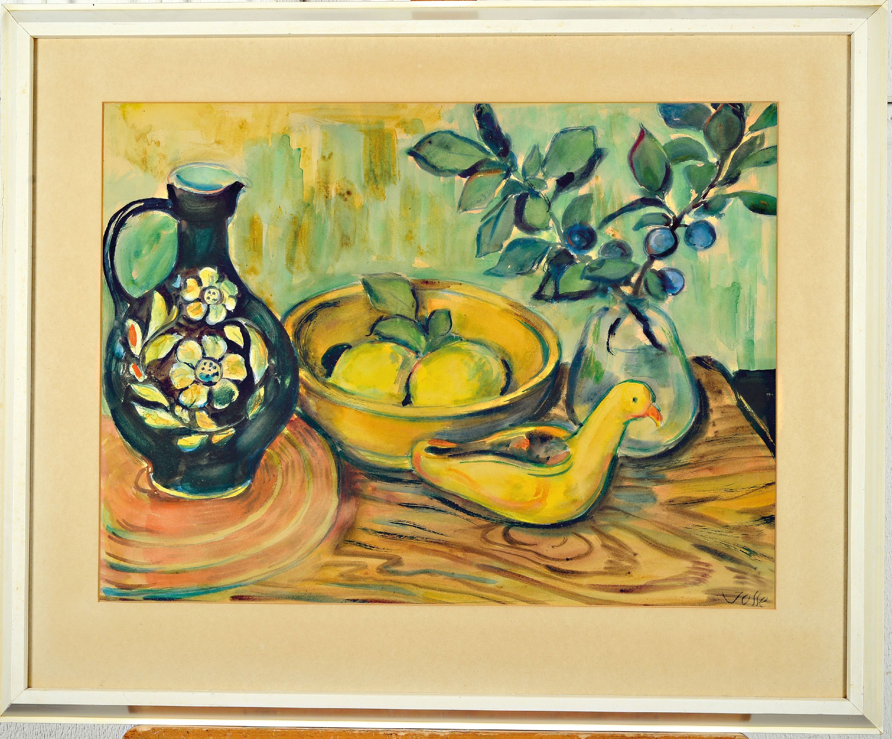 Detail k: Friedrich Josse, 1897 Wolfenstein-1994 Speyer , Stillleben mit verschiedenen Gegenständen,Aquarell, signiert, unter Glas gerahmt 58x70 cm