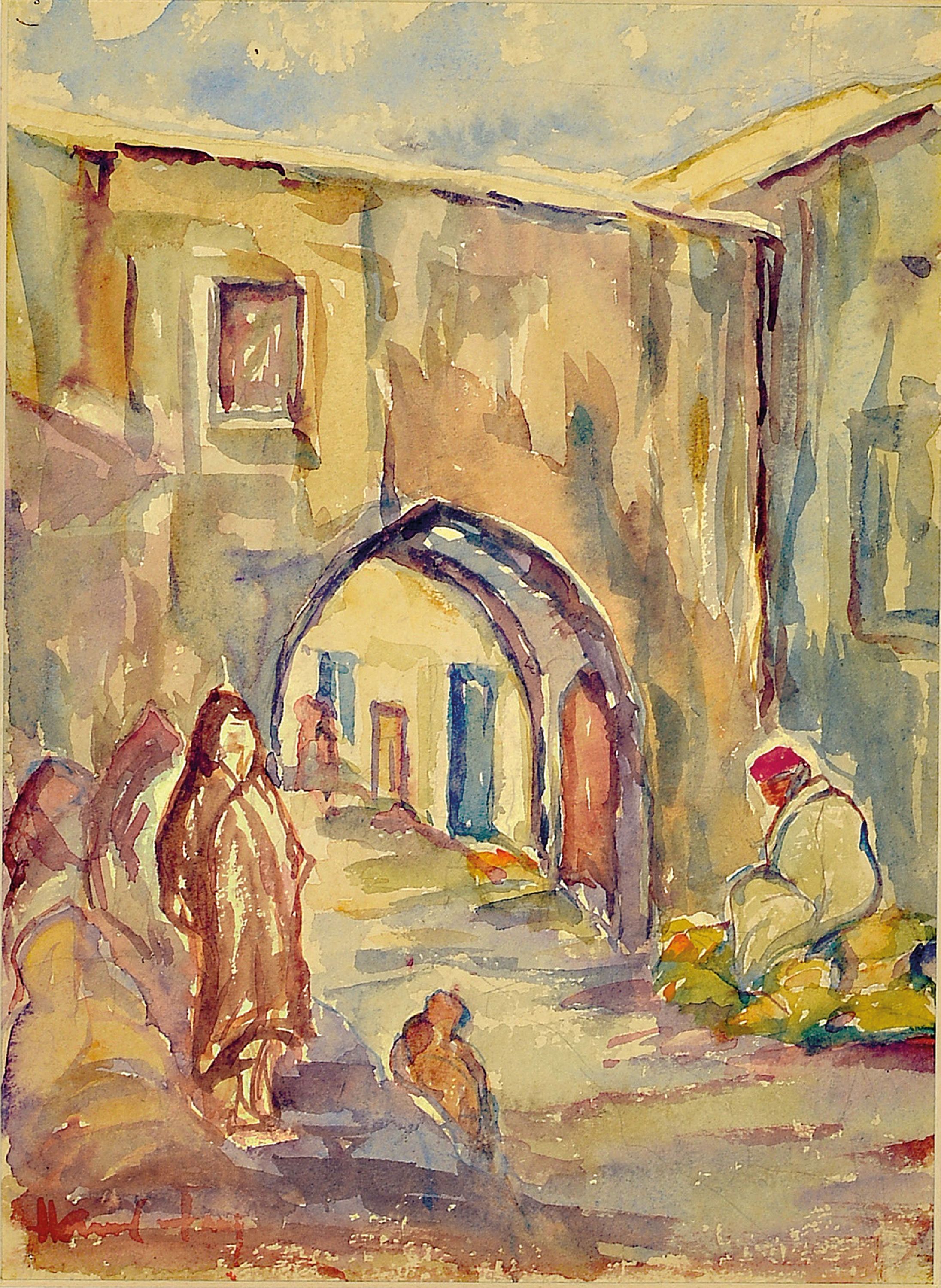 Detail b: Hanns Fay, 1888 Frankenthal-1957 Neustadt, 2 Aquarelle, 2 stehende weibliche Akte, südliche Straßenszene, je handsigniert, unter Glas gerahmt ...