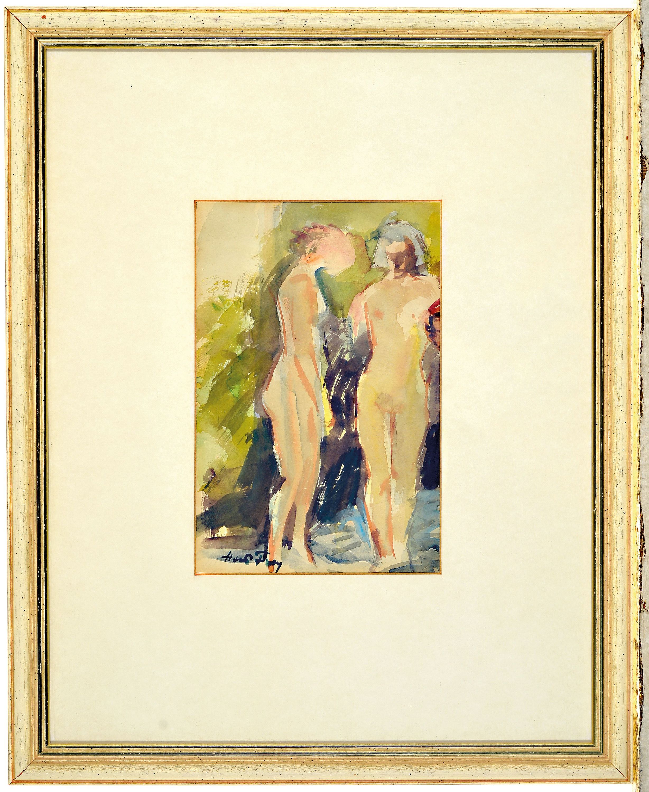 Detail k: Hanns Fay, 1888 Frankenthal-1957 Neustadt, 2 Aquarelle, 2 stehende weibliche Akte, südliche Straßenszene, je handsigniert, unter Glas gerahmt ...